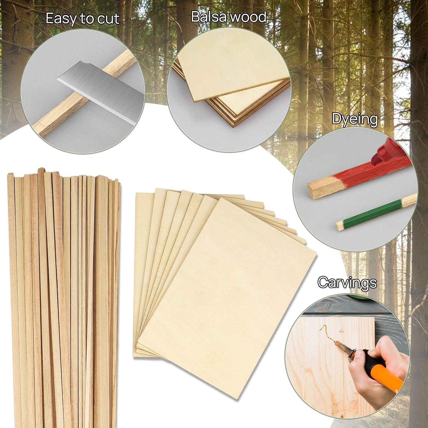 Unfinished Balsa Wood Sheets Sticks, Wood Dowel Rods Square Basswood Sheets, 50 Pcs Wooden Craft Making Supplies for Crafts DIY Projects Making