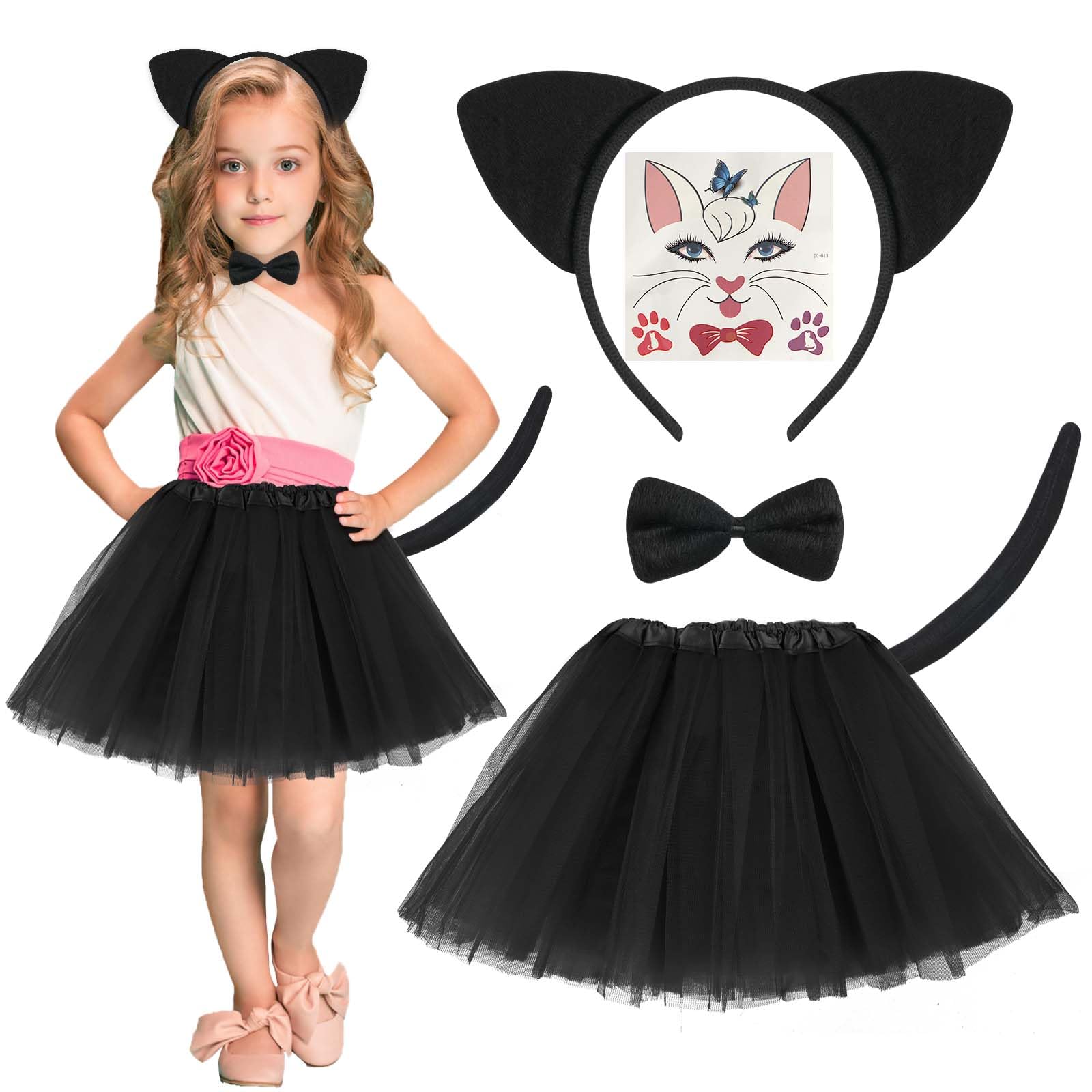 ACWOO Cat Costume for Kids, 5 PCS Animal Costume Set with Accessories, Animal Fancy Dress for Kid, Animal Tutu Dress for Kids Girls Carnival Cosplay Christmas Party