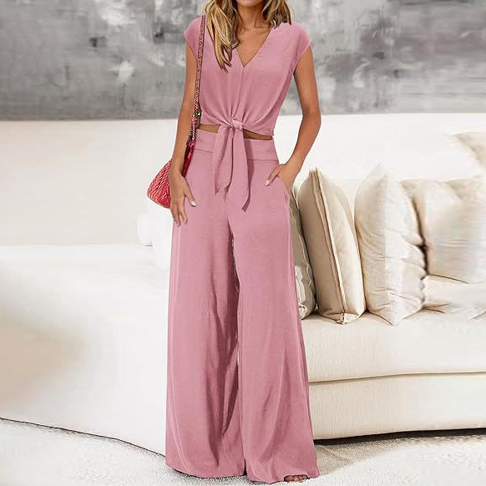 Dos piezas para mujer, verano, elegante, traje de lino para mujer, traje de dos piezas, traje de tiempo libre, moderno, de algodón, traje de verano, ligero, traje deportivo, tallas grandes, ropa