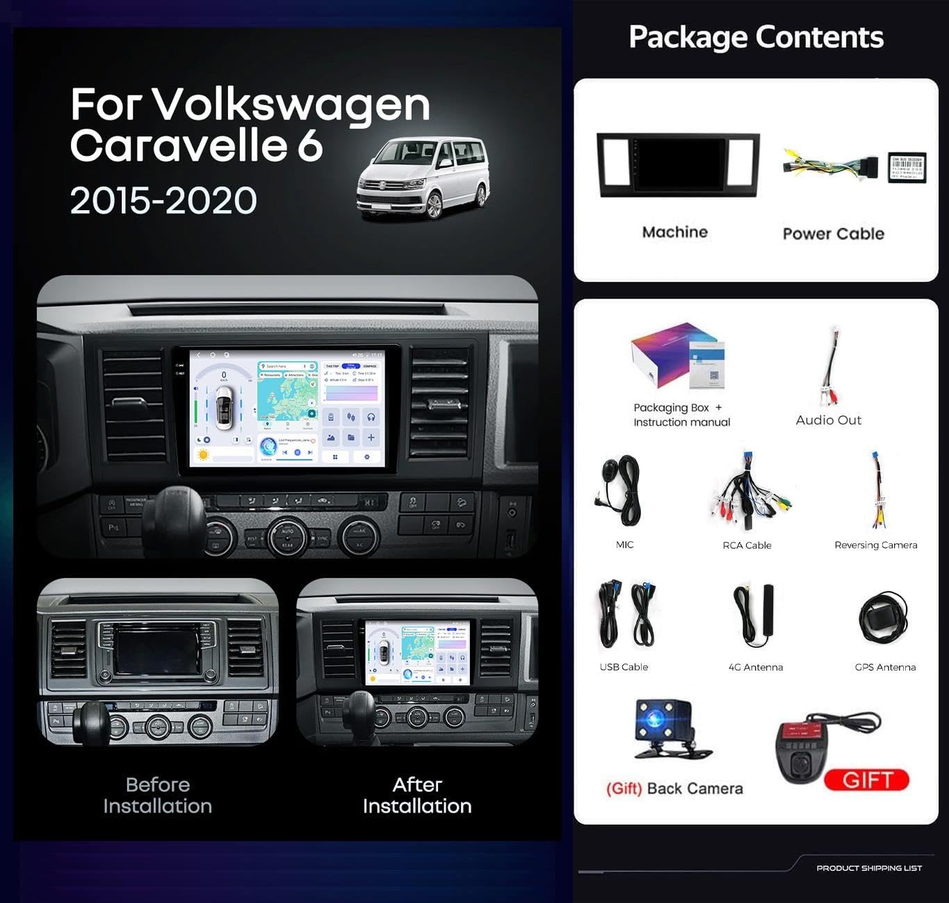 Android 14 Autoradio Double Din per Volkswagen Caravelle 6 2015-2020, Schermo QLED 2K HD 9 Pollici Lettore Multimediale Auto, Carplay Wireless/FM AM DAB+, RDS SWC/DVR & CAM(X20pro)
