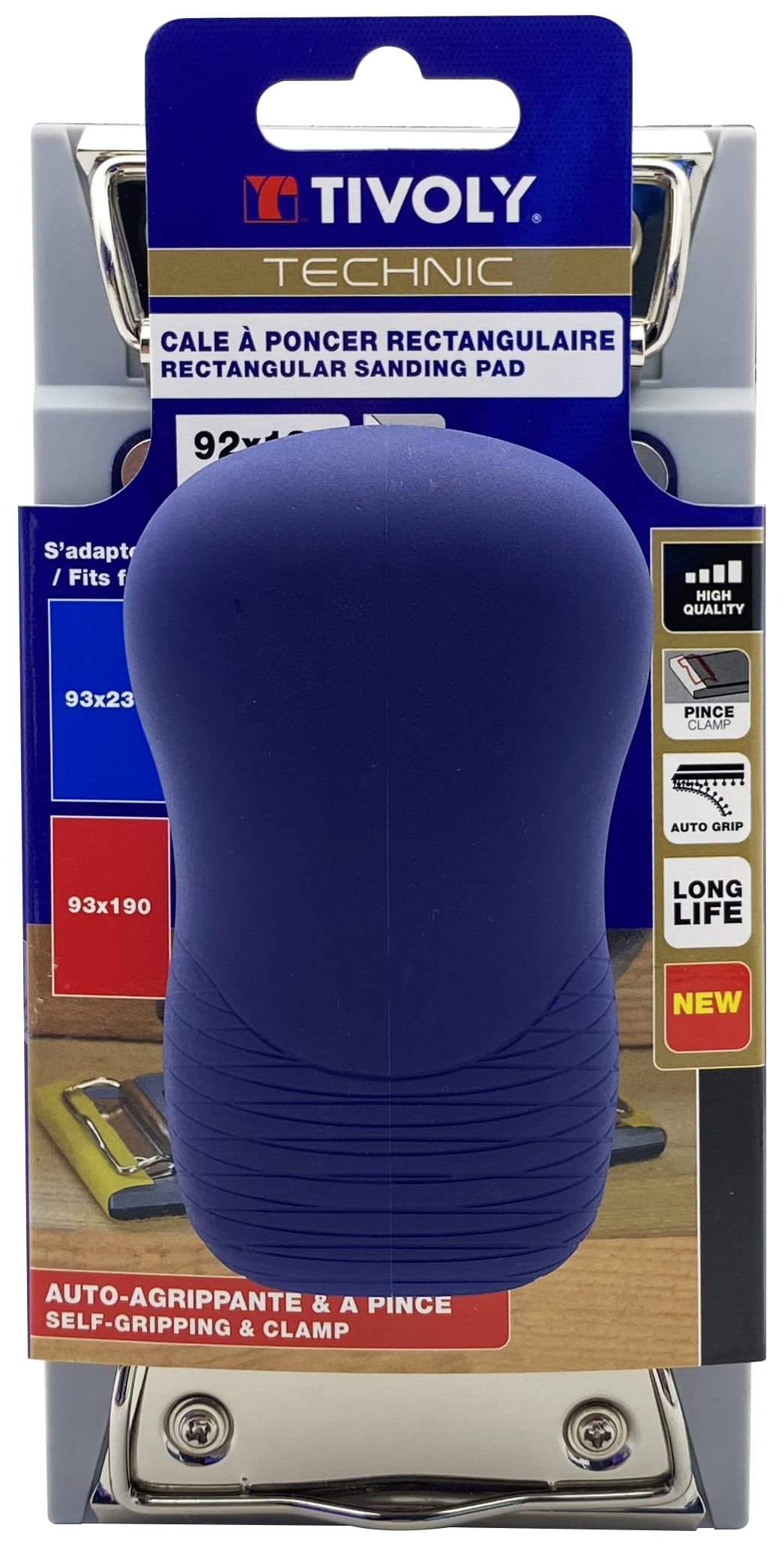 Tivoly XT101520001 - Blocco abrasivo rettangolare, 92 x 185 mm, con velcro e pinze, ergonomico, colore: Blu Grigio