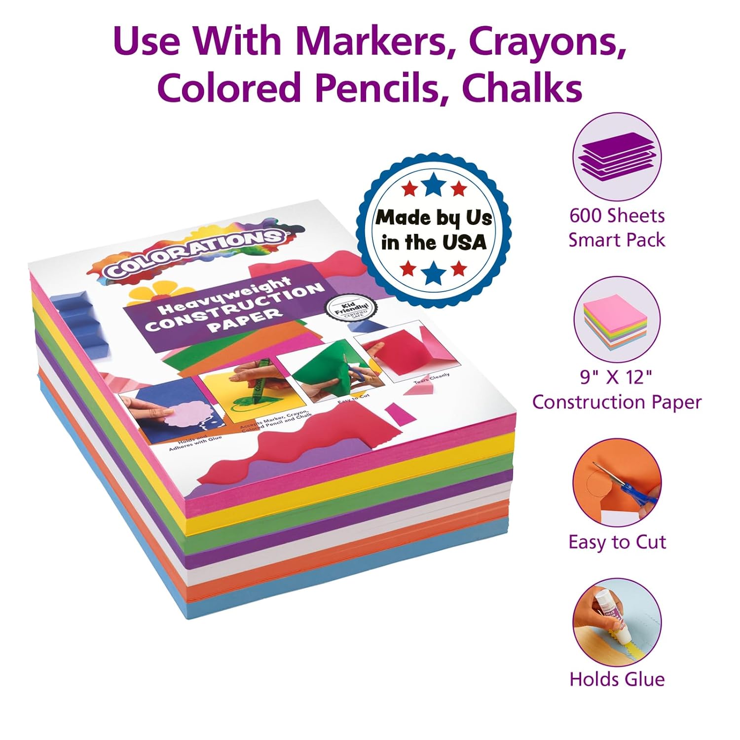 Colorations Construction Paper for Kids - 7 Bright Colors - 600 Bulk Sheets of 9"X12" - Assorted Pack of Heavy-Duty Craft Paper, Bulk School Supplies 1 Construction Paper