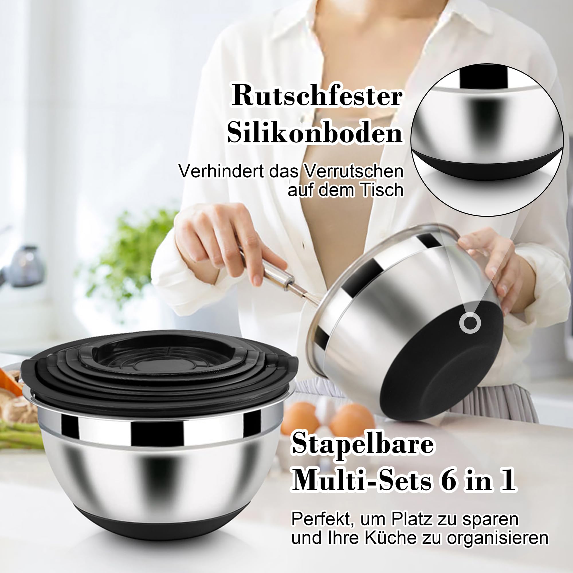Homikit 6-delige roerschaalset, roestvrijstalen slakomset met 3