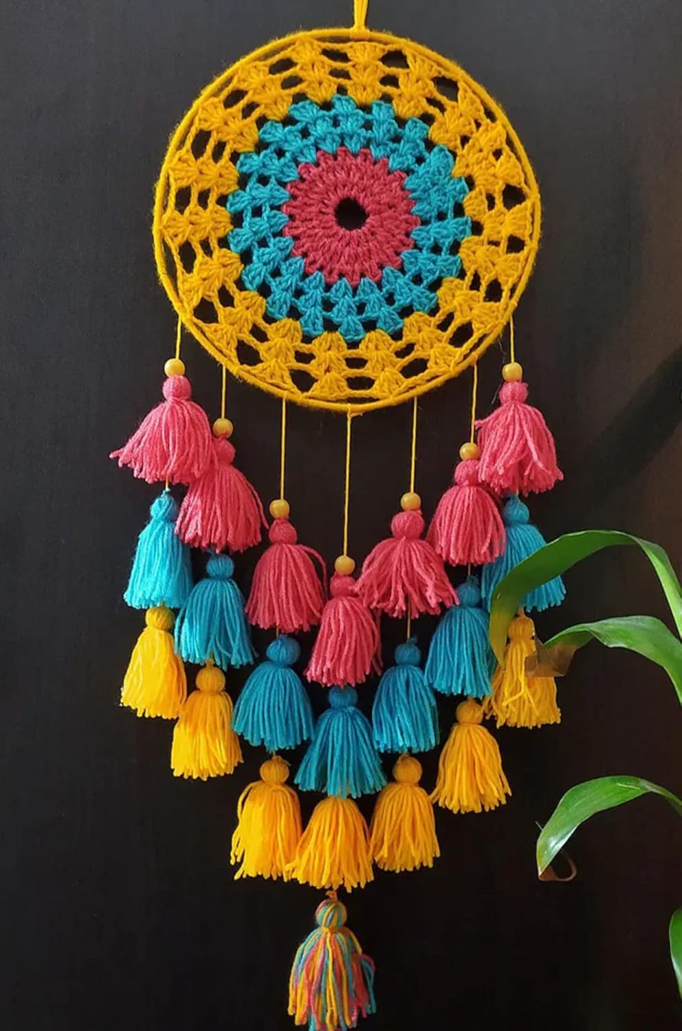 Samyuktha Handcrafted Yellow-Sky Blue-Red Tasseled Crochet Dream Catcher