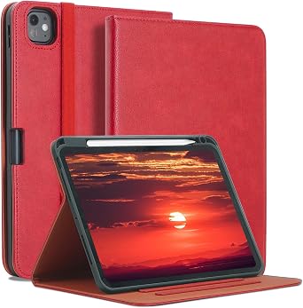 Case for iPad Pro 11 Inch M4 2024 5th Generation -PU Leather TPU Soft Cover with Pencil Holder,Auto Sleep/Wake, Red