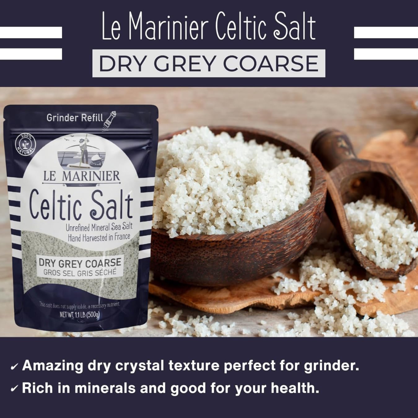 LE MARINIER Sel celtique - Sel de mer épais gris sec - 0,5 kg - 510,3 g + 82 minéraux - 100 % naturel - Sel de mer français non raffiné - Sel minéral celtique récolté à la main - Sel Gris, sel de mer