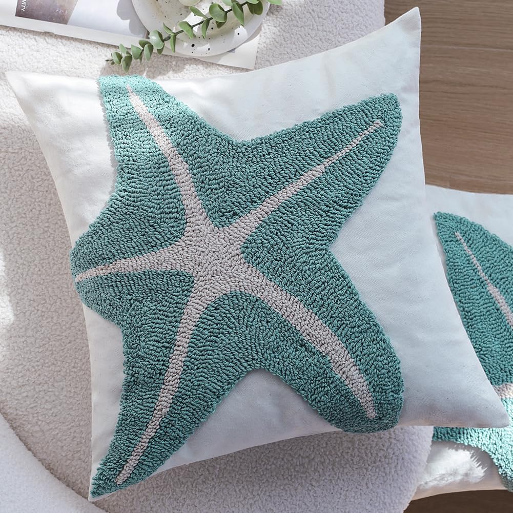 Tufted Starfish Throw Pillow Cover Set of 2, 18x18 Inch Beachy Coastal Decor Pillows for Couch Bed Sofa, Soft Canvas Decorative Pillow Covers with Ocean Theme Accent, Sea Star Tufting Pillowcases