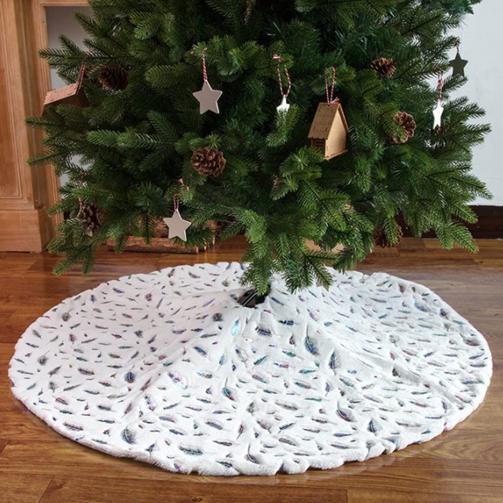 Spódnica Pod Choinkę Choinka Spódnica, Choinki Mat, Snowy White Faux Futro Spódnica Spódnica Dla Xmas Wakacje Domowe Dekoracje Ozdoby Mata Pod Choinkę(Multicolor feather,122cm)