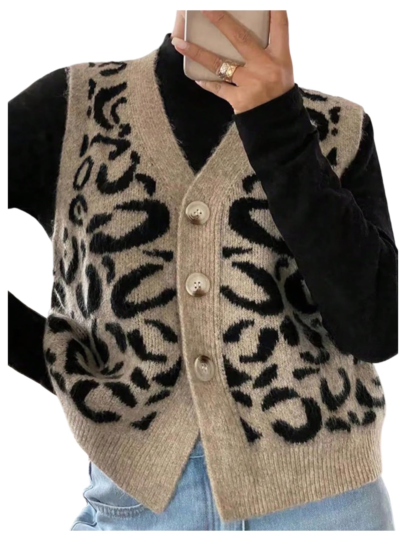 SOLY HUX Womens Leopard Sweater Vest Button Up Sleeveless Knit Tops Fall Clothes