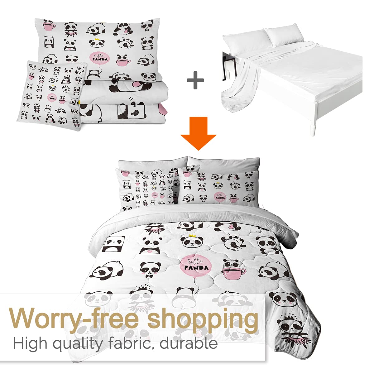 BlessLiving Kids Panda Bed In A Bag 8-Piece King Comforter Set - Microfiber Panda Bear Bedding