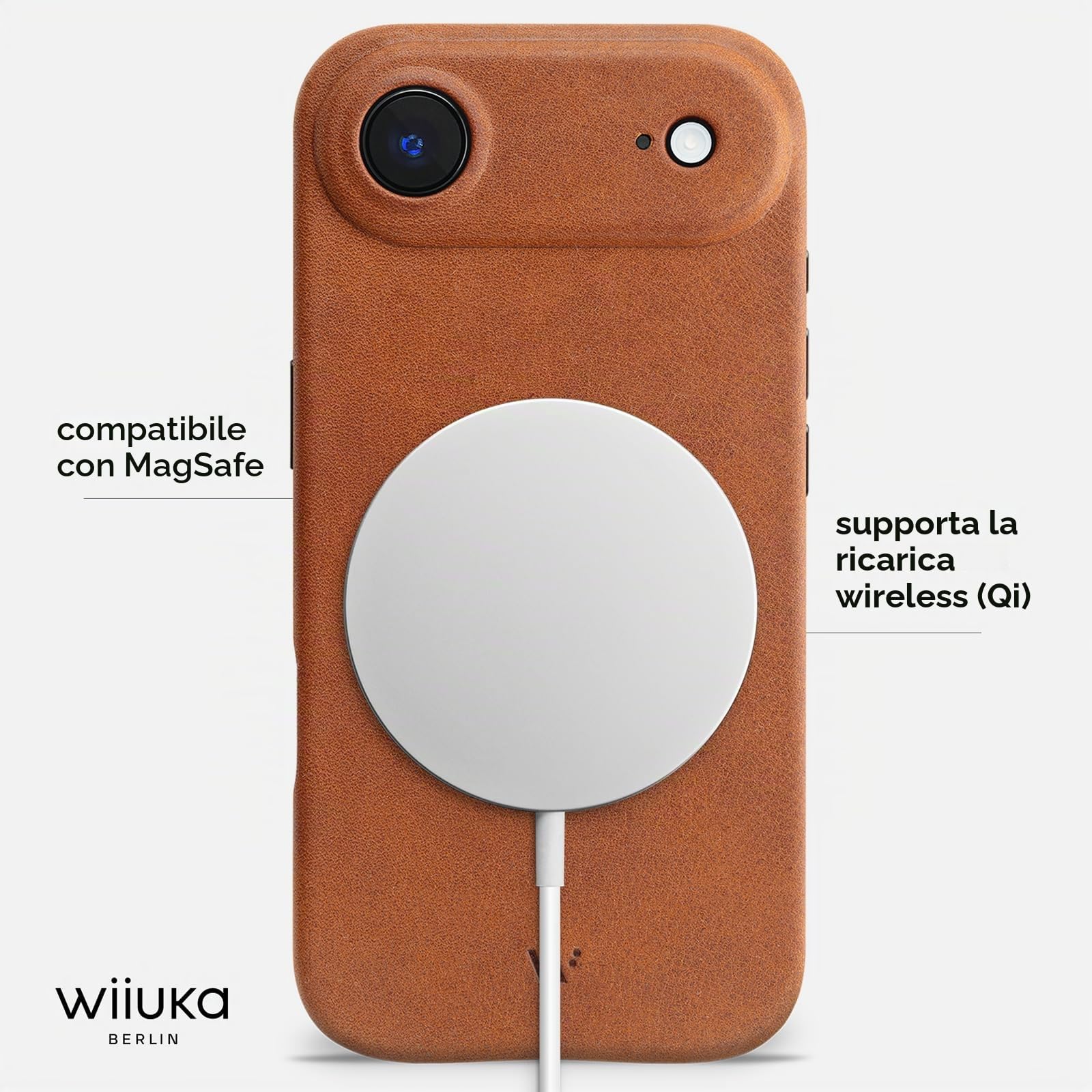 WIIUKA Custodia per iPhone Air, pelle tedesca, in pelle extra sottile, Premium Case, Qi, skiin More, Vintage Cognac
