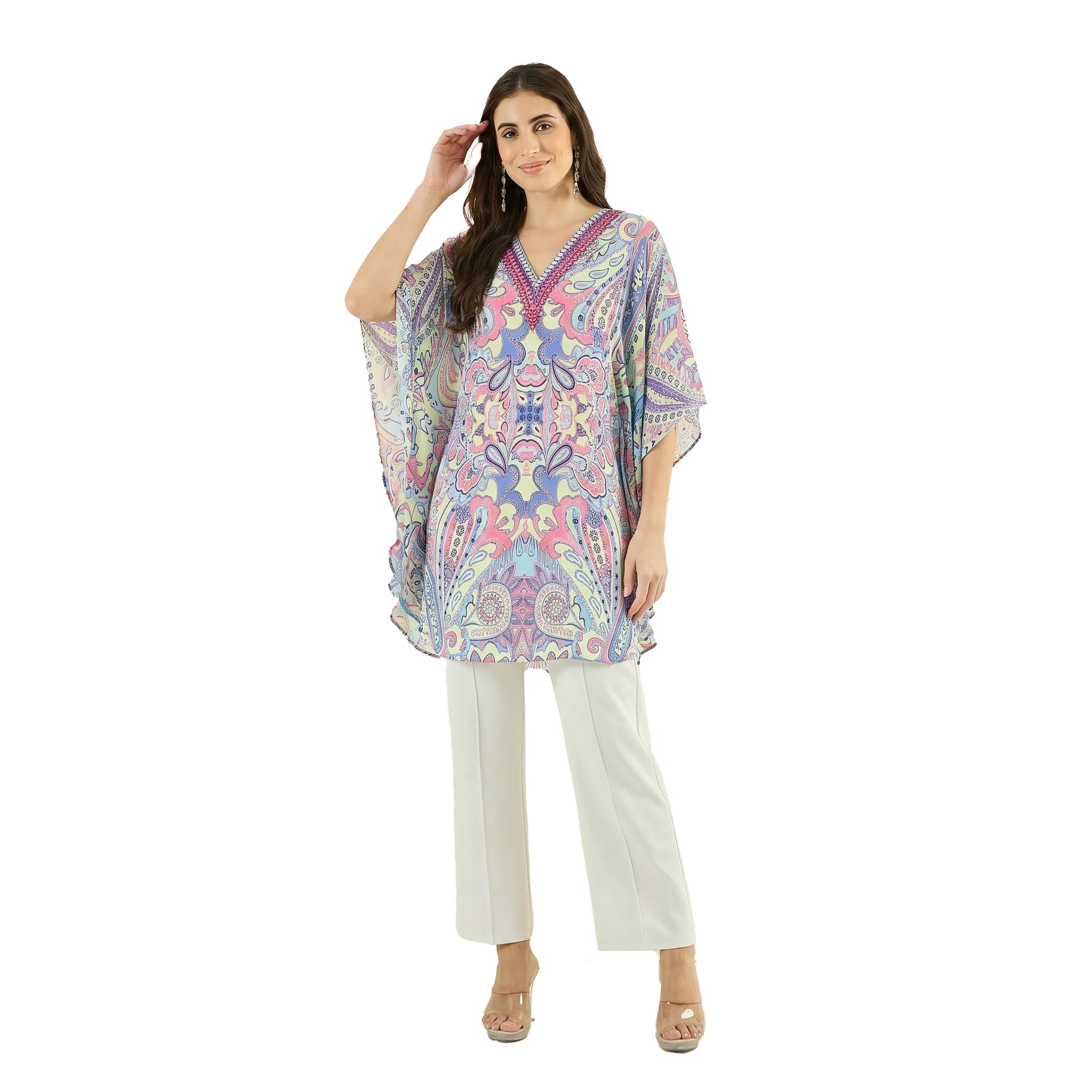 Mauve and Blue Paisley Tunic in Double Viscose Georgette for Women by Ramola Bachchan-image-14