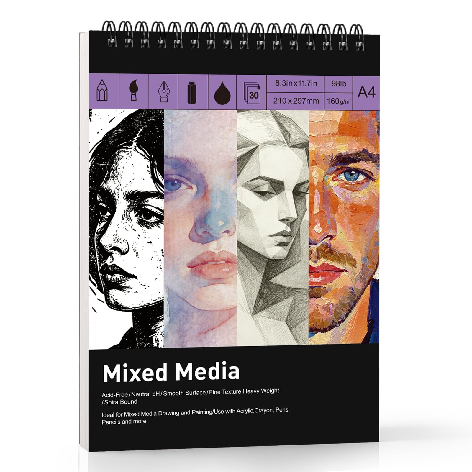 A4 Sketch Book, 160gsm Mixed Media Sketchbook, Spiral Art Drawing Book
