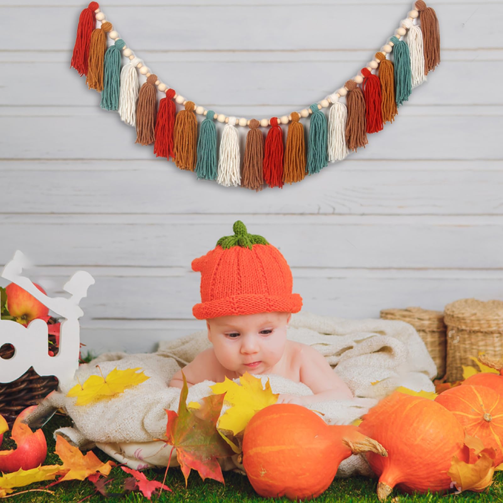GIAUMA Boho-Garn-Girlande mit Holzperlen, Erdton, Wandbehang, Wimpelkette, Banner, Kinderzimmer, Dekoration für Klassenzimmer, Babyparty, Geburtstag, Kinderzimmer, Schlafsaal, Schlafzimmer, Dekoration