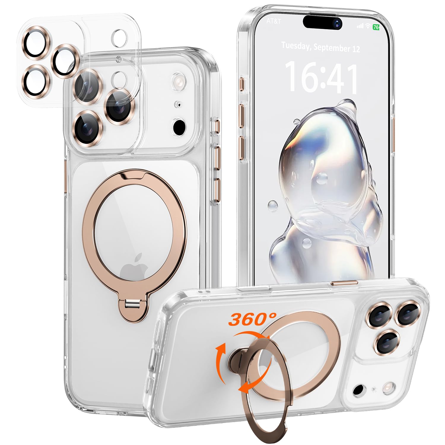 iPhone 17 Pro Max 用 ケース【極限の透明感と保護力】 4in1 カメラ保護一体/MagSafe対応/360度回転スタンド/ストラップホール穴付き 縦横両対応 黄ばみ防止 ワイヤレス充電対応 耐衝撃 カメラフィルム マグネット搭載車載ホルダー対応 マグセーフ対応 いphone17 promaxケース (ブロンズゴールド, iPhone17 ProMax)