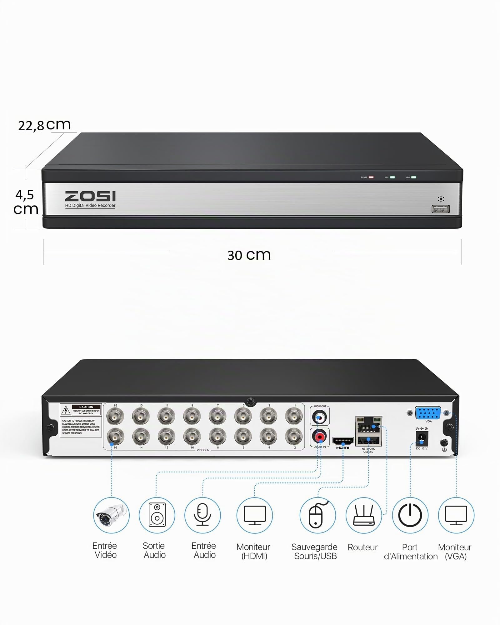 ZOSI 16CH 4-en-1 1080P DVR Enregistreur Vidéo Numérique 4TB HDD Intégré | Détection de Véhicule et de Personne, Notification Push Instantanée, Enregistrement 24/7