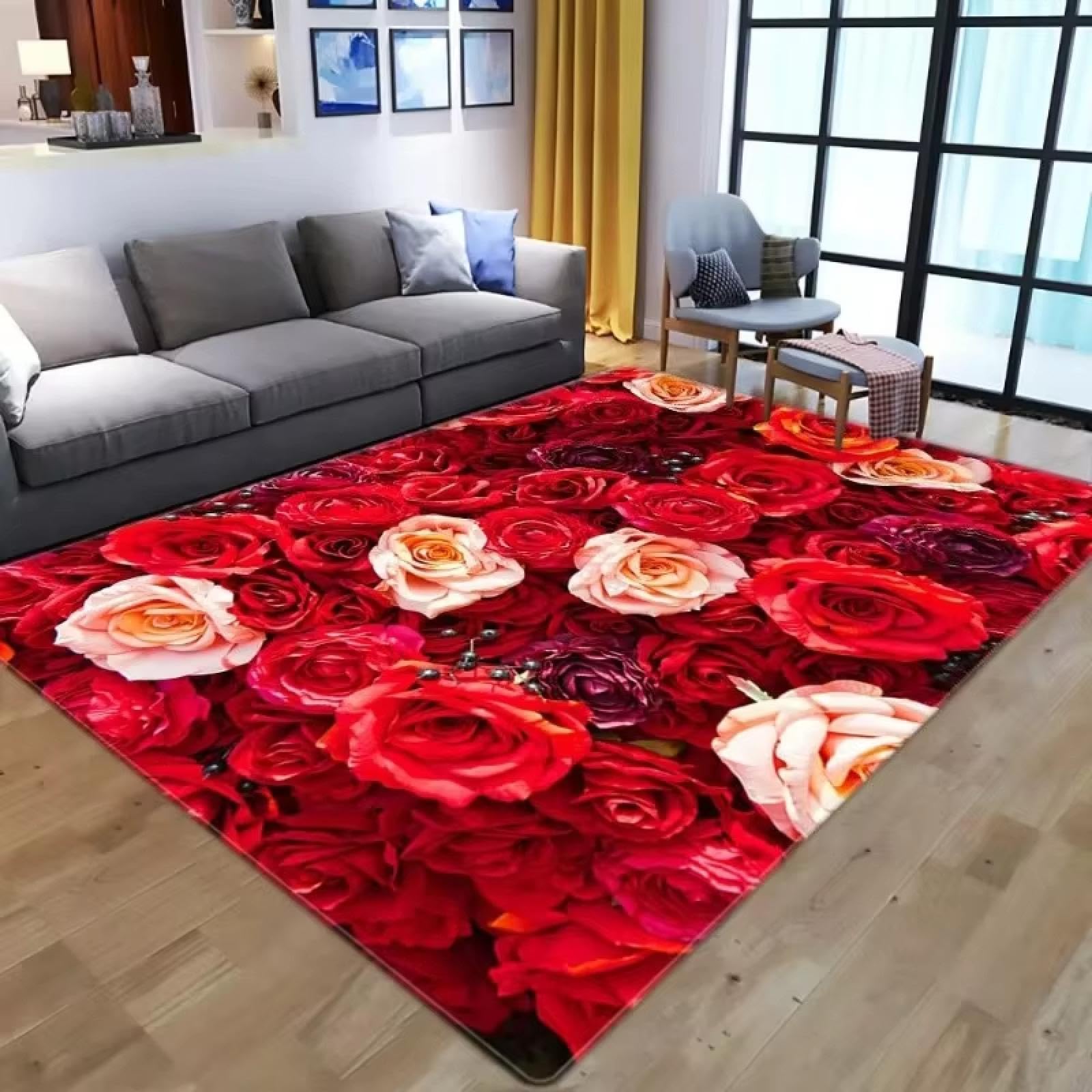 Tapis de vacances décoratif floral doux rose et rouge