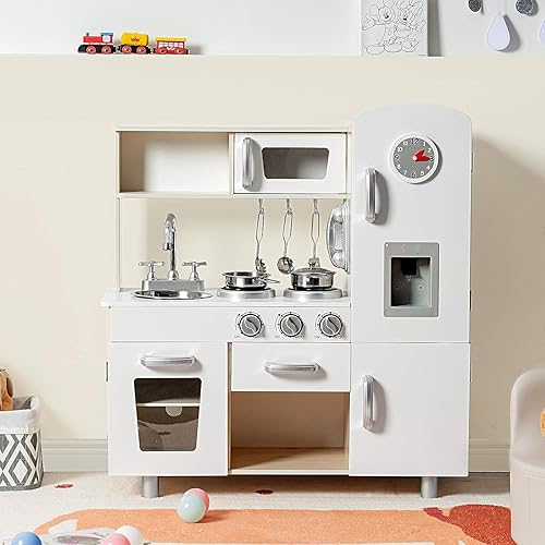 Miniatura 7 de FUTADA - Juego de cocina para niños, cocina de madera con teléfono, estufa, nevera, microondas, estufa, fregadero, dispensador de agua con sonido