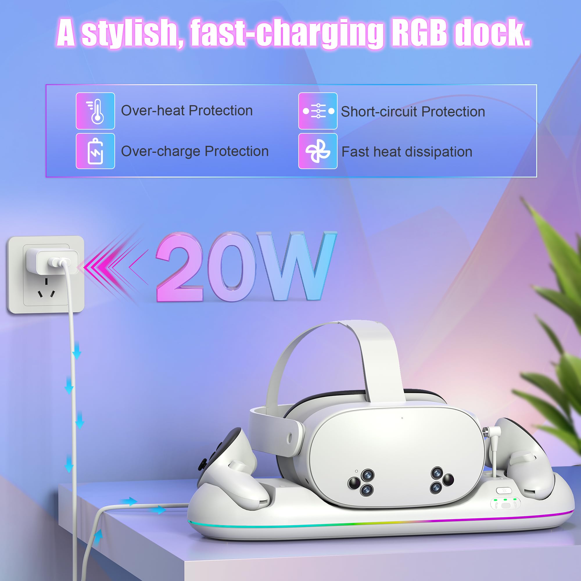 VZNEK - Estación de Carga magnética para Meta Quest 3S/3/2-20W, PD estación de Carga rápida con luz LED RGB, baterías Recargables, Cable USB-C y Adaptador para Auriculares/Controlador VR (Q22)
