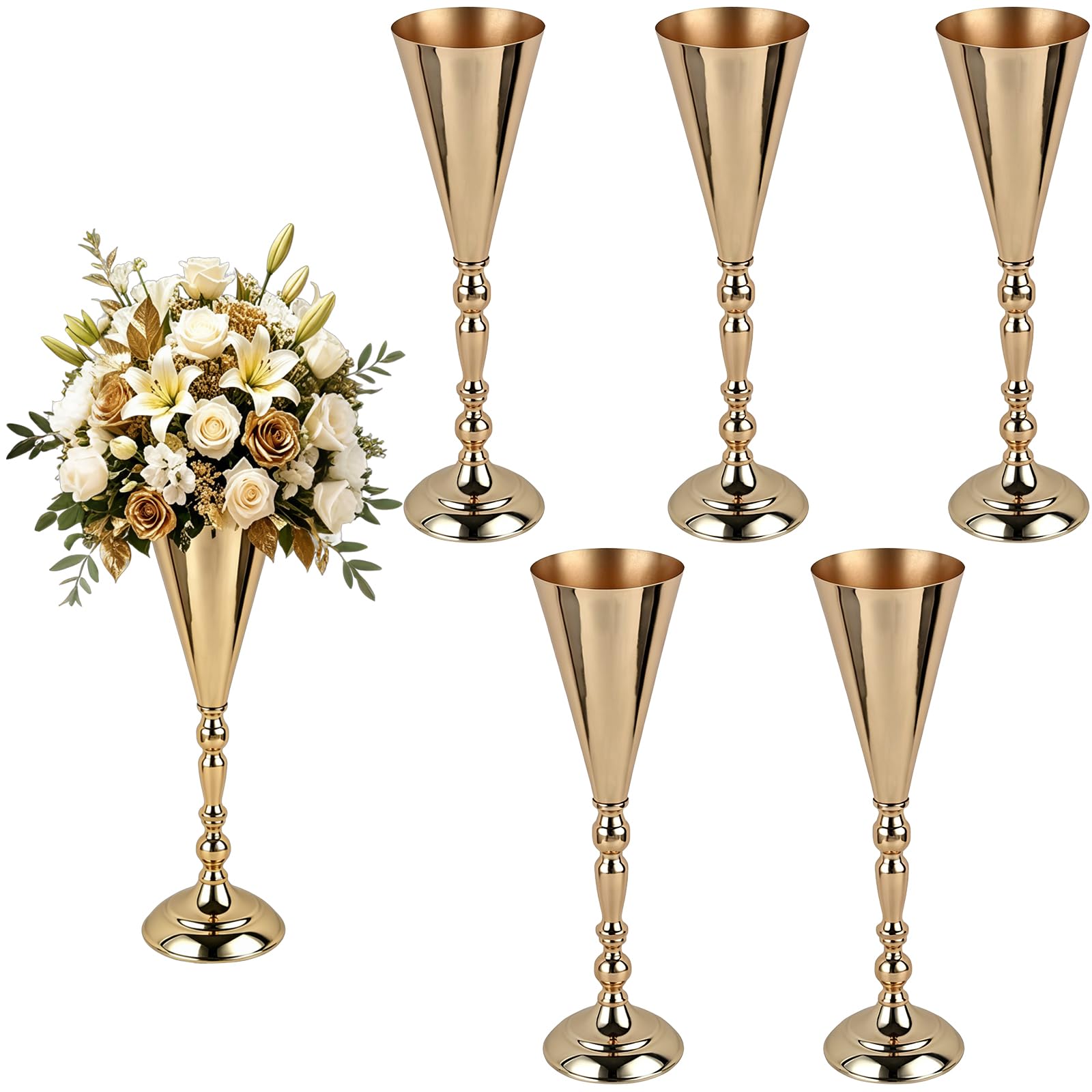 Packool 6 Pcs Trumpet Vases for Centerpieces, 16.5 in Tall Gold Vase Set, Iron Floral Stands with Stable Base for Wedding Reception, Party Table Decor, Banquet, Anniversary Arrangement