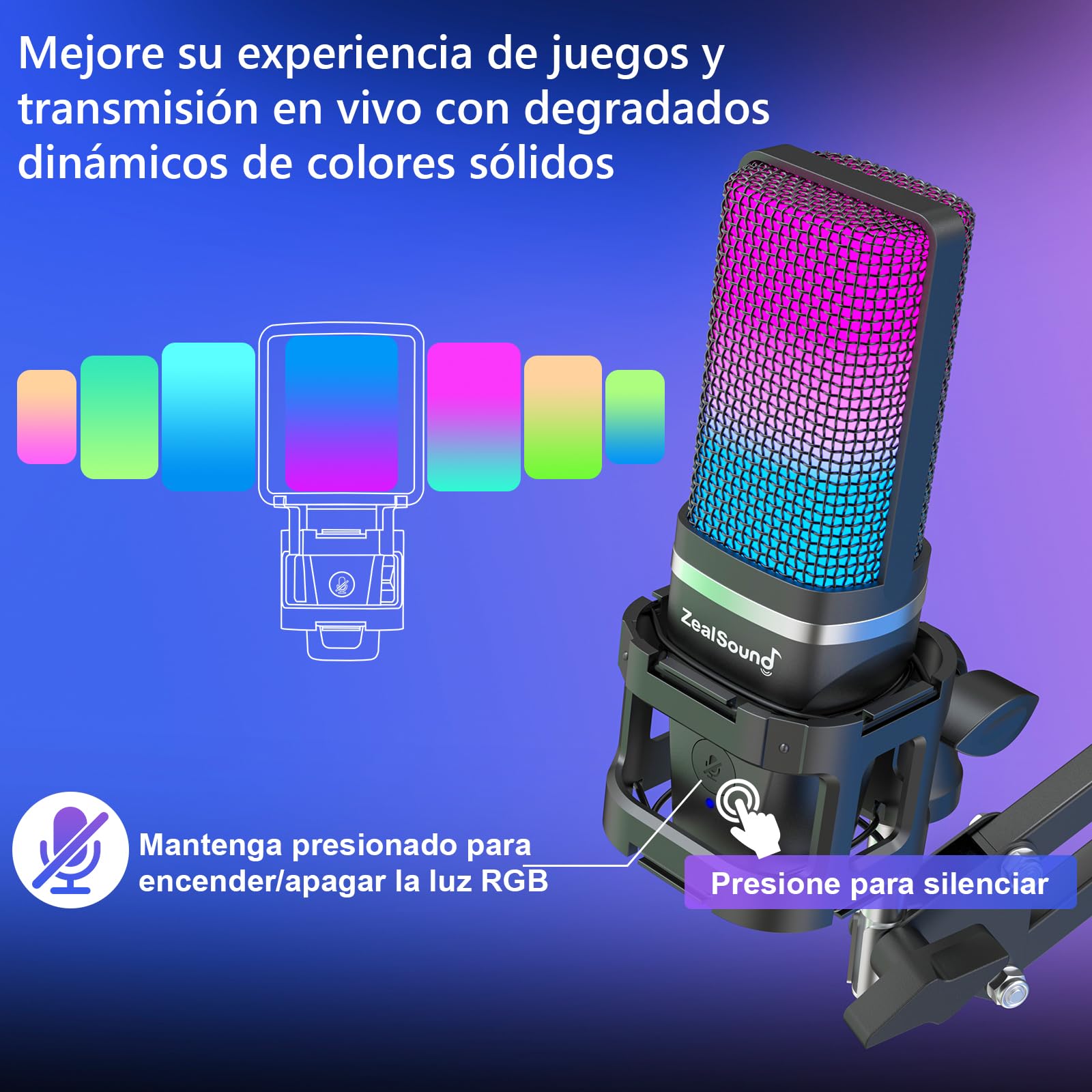 zealsound Gaming micrófonos USB, micrófono Condensador RGB, micrófono PC, Soporte con Brazo, cardioide, Silencio, Youtube/Zoom, transmisión en Vivo, en línea, Android/Windows/macOS/para PS 4&5