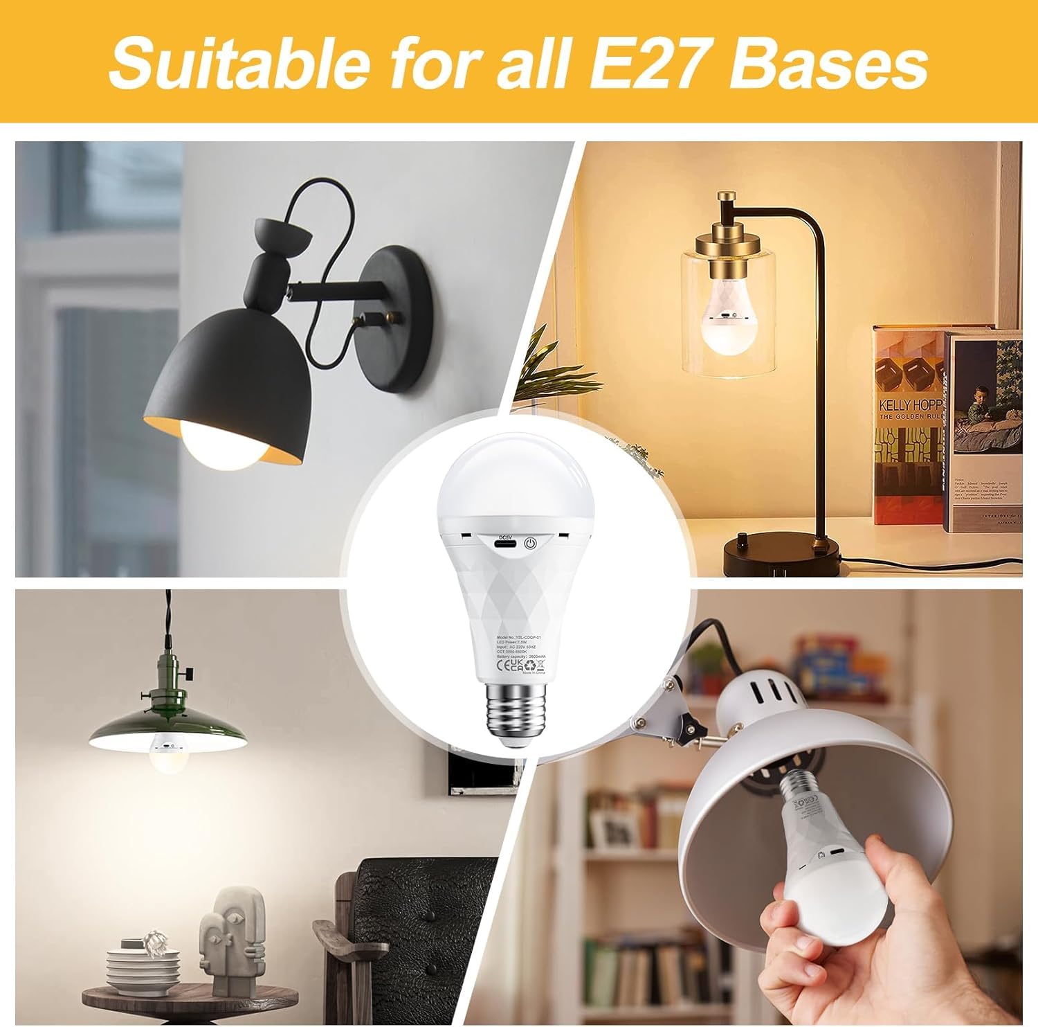 E27 2600mAh Lampadina LED Ricaricabile con Telecomando Timer, Lampada Emergenza Dimmerabile (3000K/4000K/6500K), Attacco&USB Ricaricabile Doppia Funzione per Lampade Senza Corrente/Campeggio 4 Pezzi
