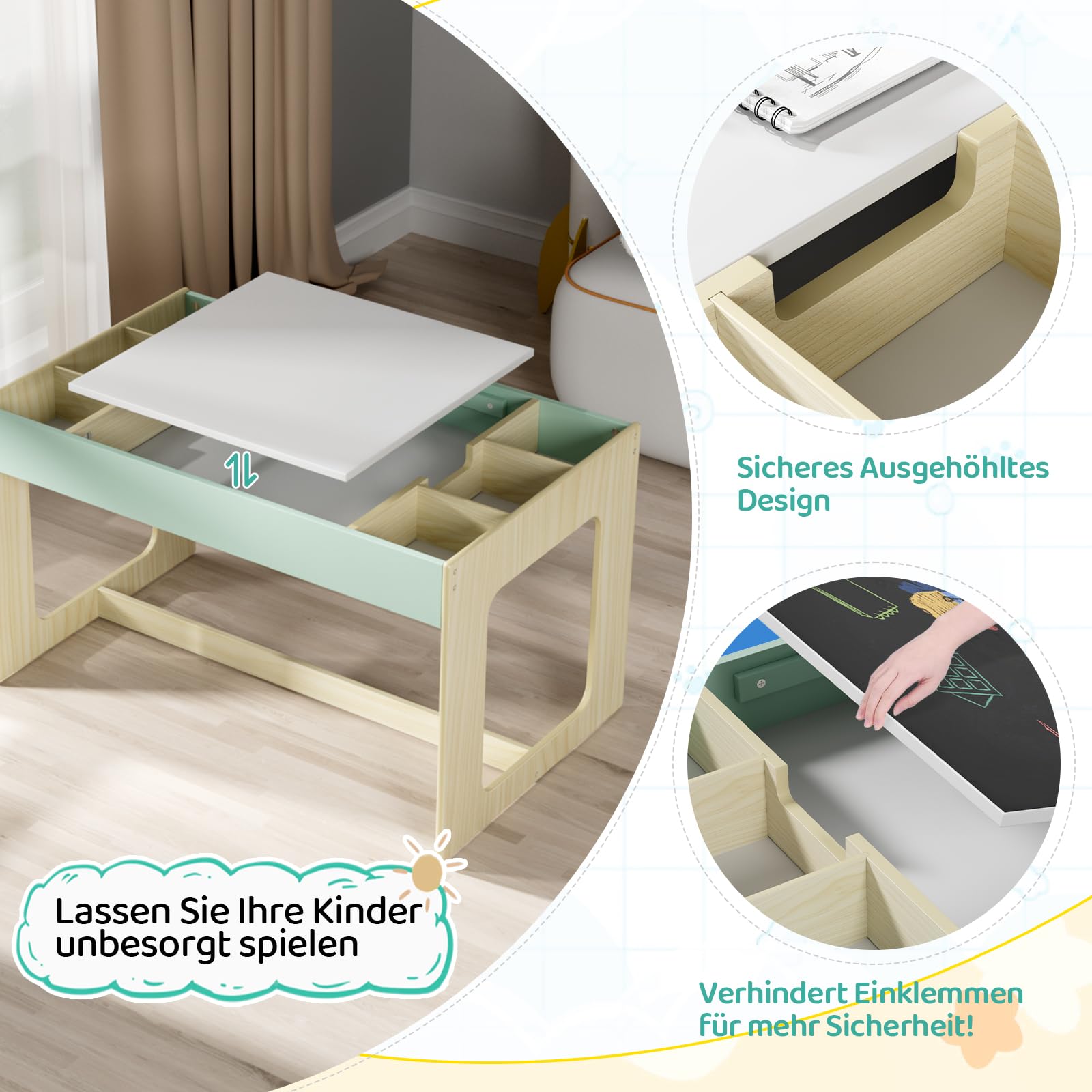 MAMIZO Table Enfant avec Rangement, Table Enfant en Bois avec 2 Chaises, avec Plateau de Réversible, pour la Garderie l'école, Dessiner Jouer, Bureau pour 3 Ans +, Couleur de Bois avec Vert