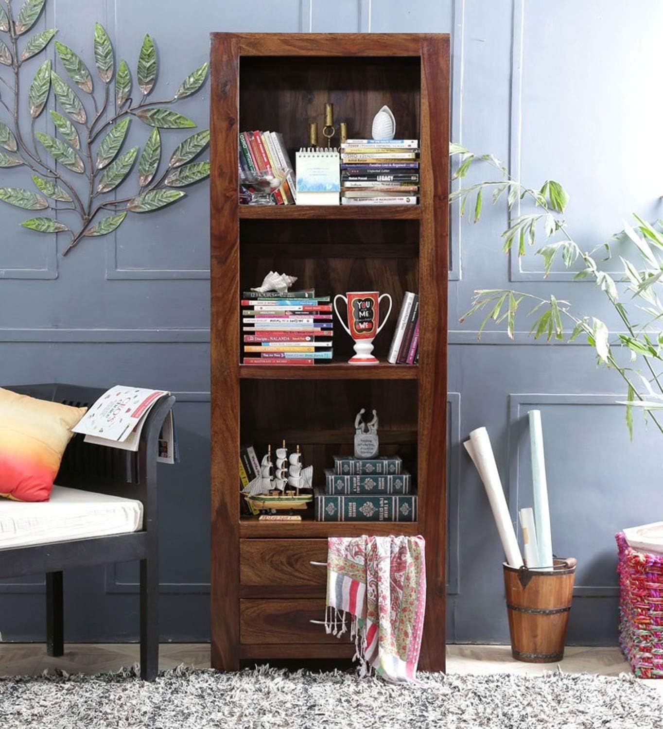 Solid Sheesham Wood Bookshelf for Living Room | 3 Open Shelf & 2 Drawer Wooden Book Cabinet for Home & Office | Storage Rack for Booms, Décor & Dispay | Rosewood, Brown-image-26