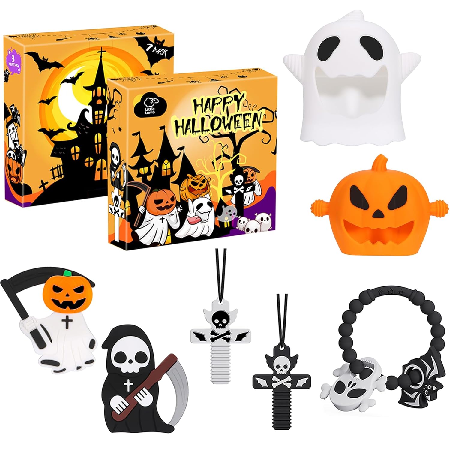 Halloween Baby Teething Toys Set 7Pack: Teething Mittens, Ring & Flat Teethers, Sensory Chew Necklaces – Ideal Gift for Newborns, Infants & Toddlers – Perfect Baby’s First Halloween Basket Stuffer