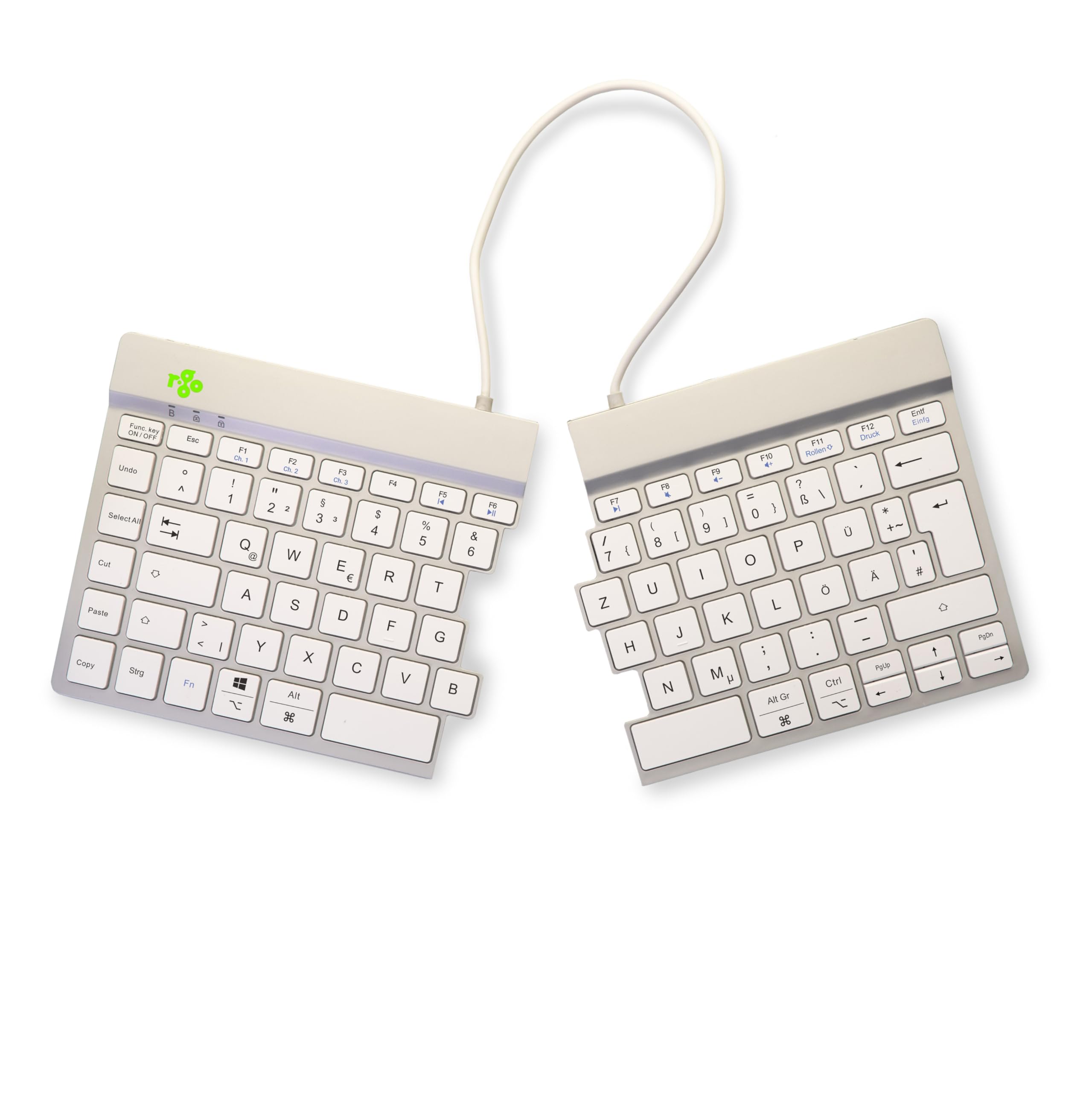R-Go - Tastiera Split Bluetooth 5.0, con software anti-RSI, design ergonomico con tastiera divisa, controlli multimediali, layout tedesco QWERTZ, compatibile con Windows/MacOS, colore: bianco