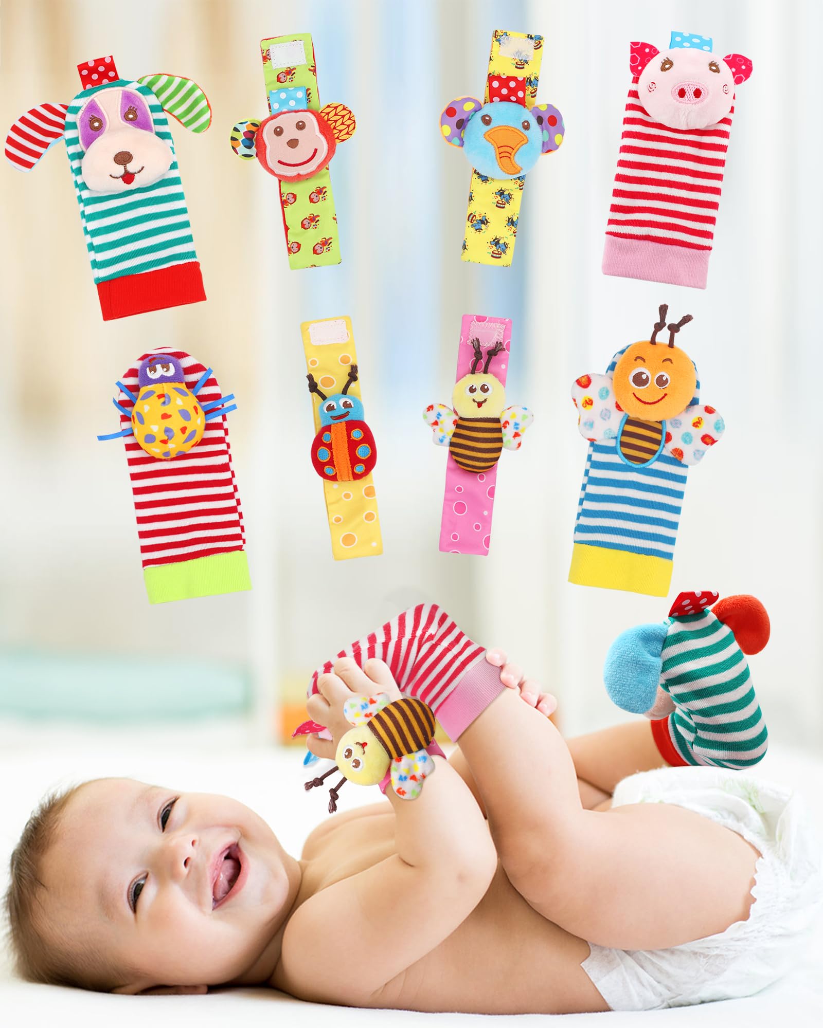 Soft Baby Toy, Wrist Rattle & Foot Finder Socks, Handheld Rattles and Rattle Socks, Foot Rattle Leg Rattle Ankel Rattle, Newborn Baby Rattle Toys for Infant Boy or Girl (8 PCS-A)