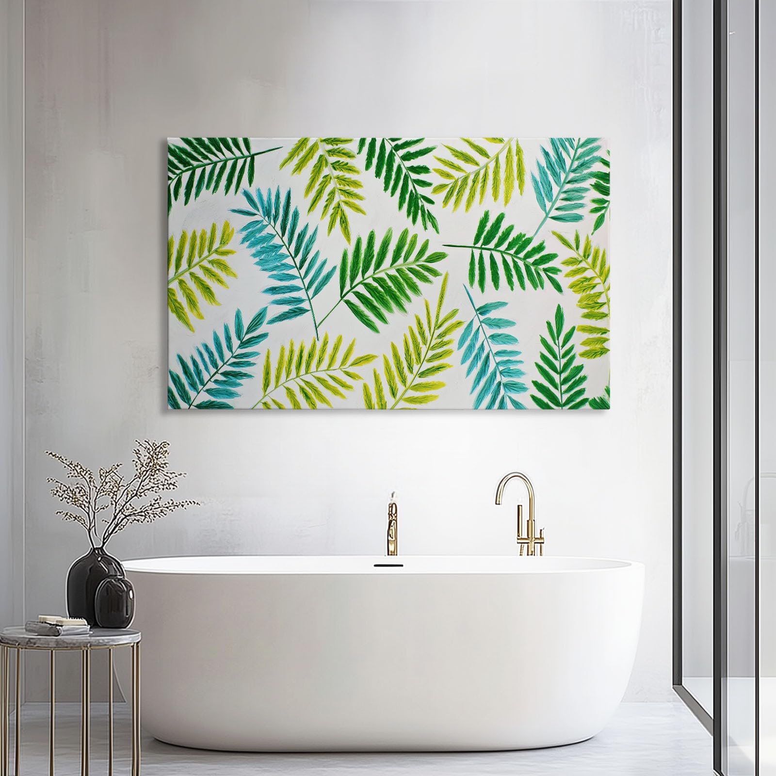 Generisch Salbeigrün Landhausstil Botanisch Farn Modernes Leinwandbild 140L x 70B cm mit Rahmen, Landhausstil XXL Wanddeko für Wohnzimmer Geschenk Idee Einzug - Hochwertiger Kunstdruck auf Holzrahmen