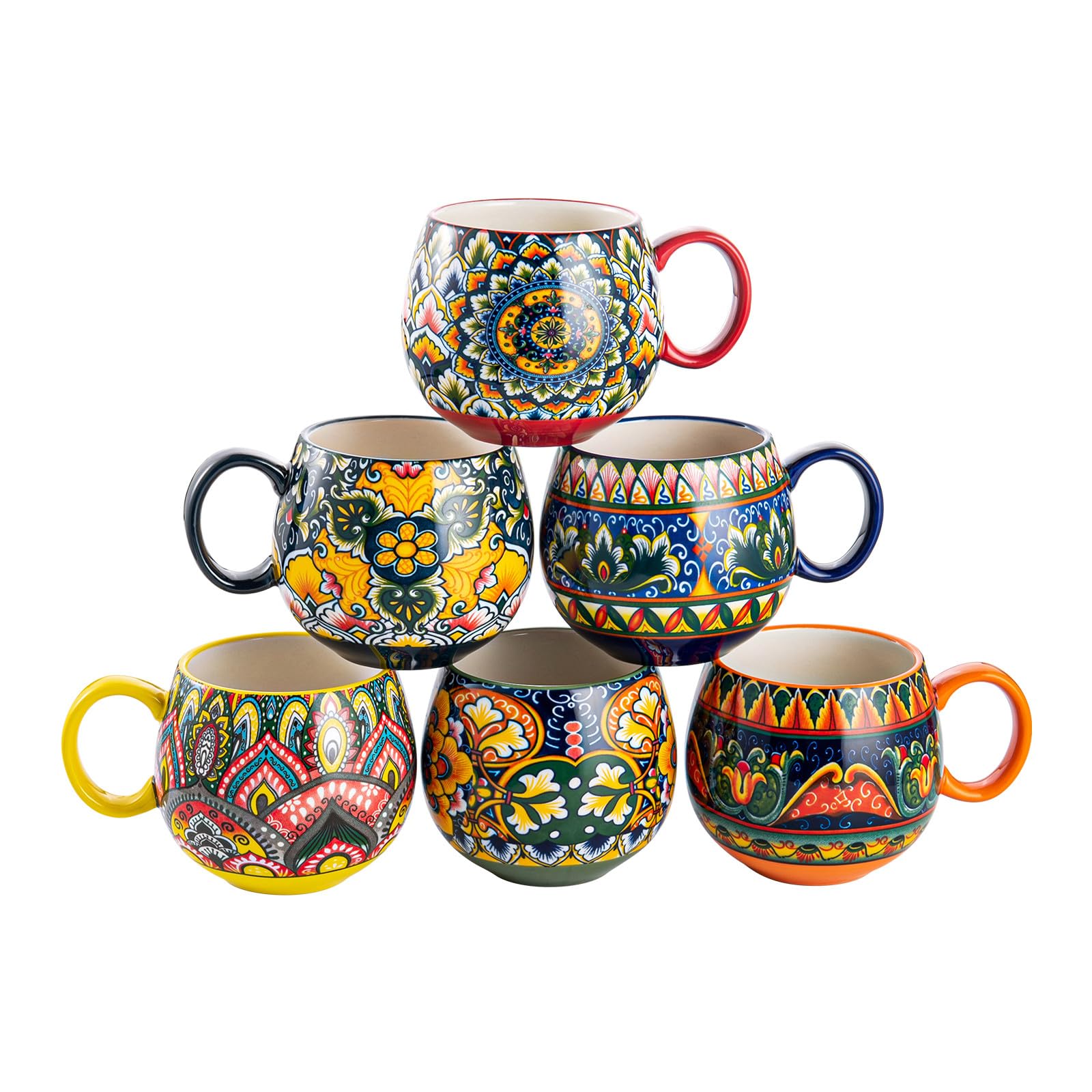 Tassen Set Porzellan, Ceramic Cappuccino Tassen/Mug Set - 600ml, Geschirr Tasse Becher für 6 Personen, Kaffeebecher Set - Bohemian Style