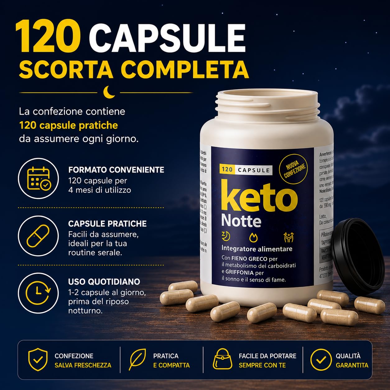 Keto Notte Integratore Alimentare Notturno 120 Capsule da 500mg | Supporto Dieta e Benessere Notturno, Con Griffonia, Con Matè, Con Trifoglio Rosso
