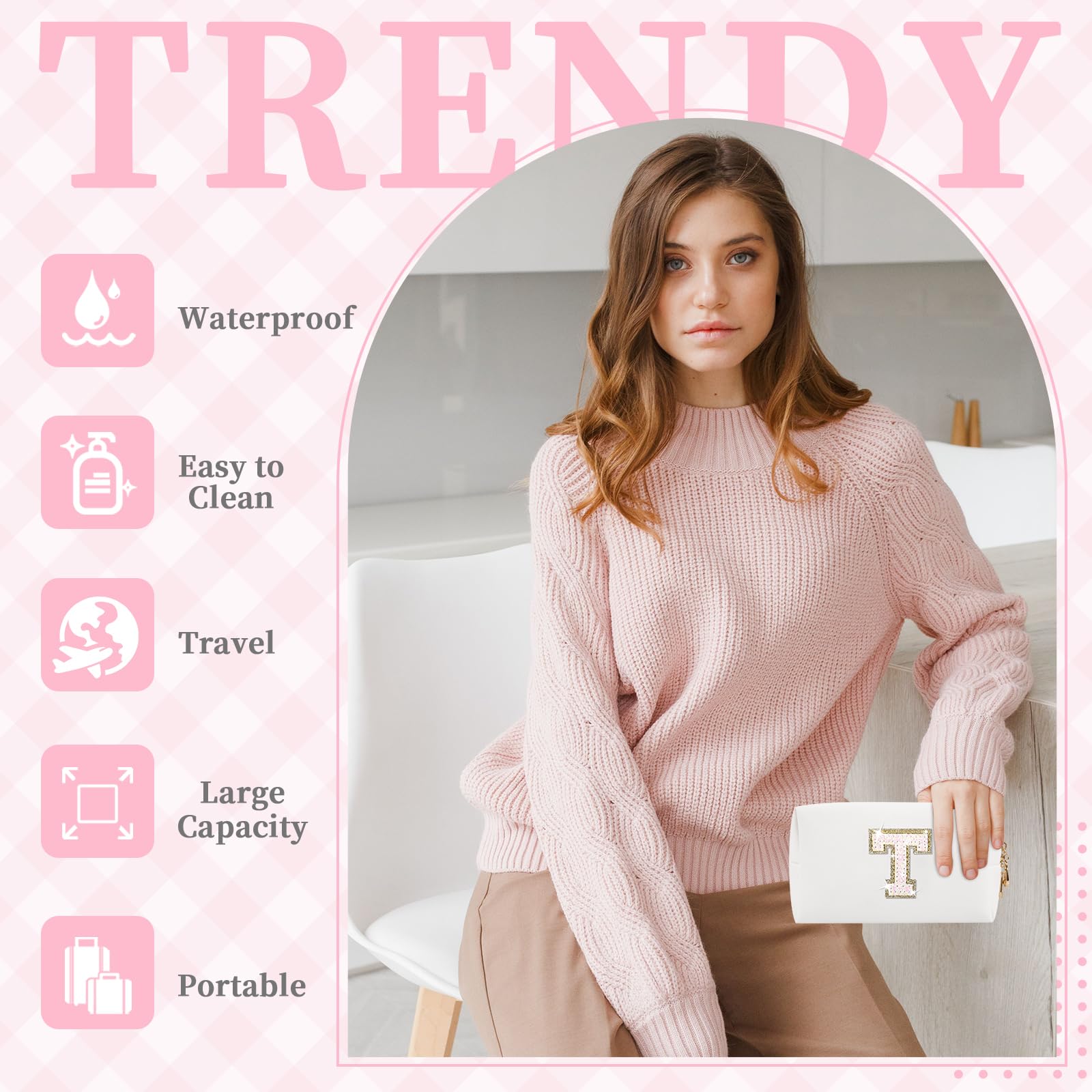 Neceser Personalizado de la A a la Z, Bolsa de Viaje pequeña con Cremallera, Bonita Bolsa de Aseo Blanca, Regalo para niñas y Mujeres cumpleaños, White, T, Preppy, Personalizado