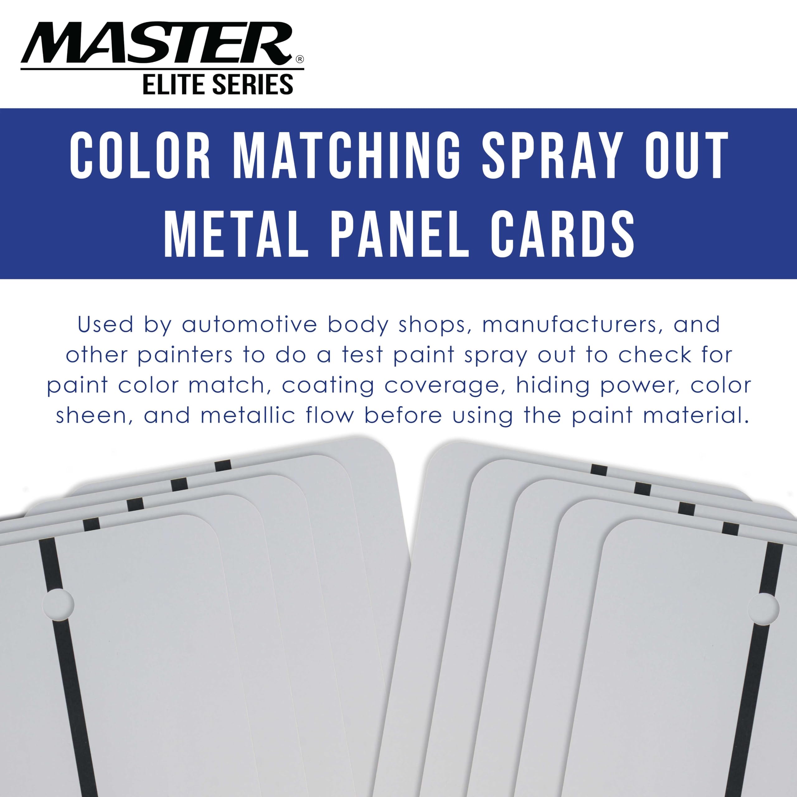 Master Elite Paint Color Matching Spray Out Metal Panel Cards (Pack of 50, White) - Black Strip for Coating Coverage Test, Sheen, Metallic Flow - Check Color Match Accuracy - Automotive Refinishing