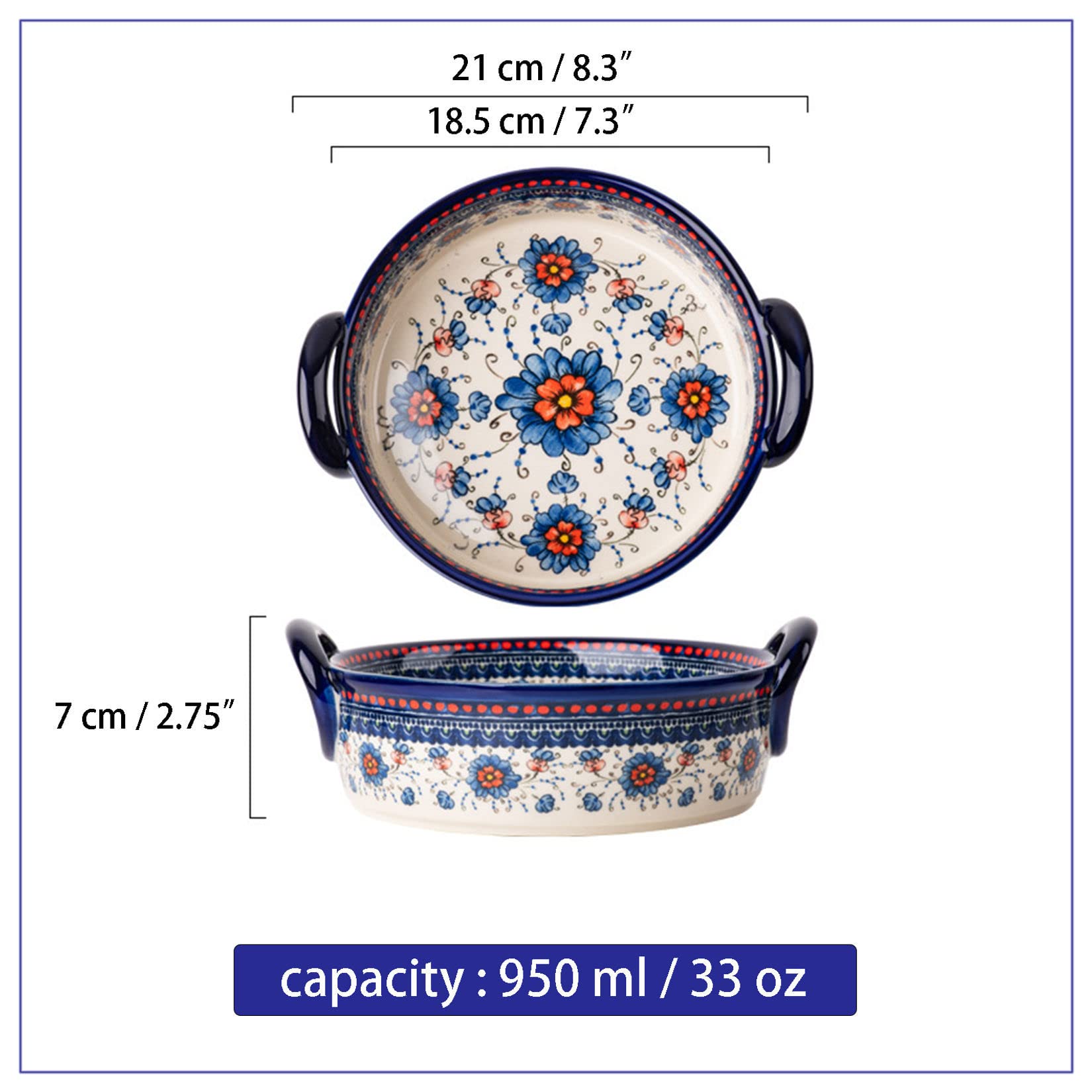 Fuente para lasaña Grande y Profunda, Fuentes para Horno, Fuentes pequeñas para Horno de 21 x 18,5 x 7 cm, Fuente de Horno de cerámica de 950 ml, Bandeja para Horno Redon(Blue Sorrel-950ml)