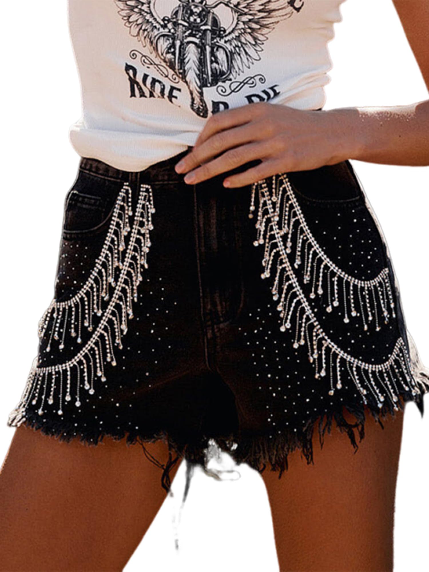 Acrawnni Women's Rhinestone Denim Shorts Ripped Rhinestone Pearl Beaded Fringe Tassels Frayed Raw Hem Blue Jean Shorts (A-Black, XL)