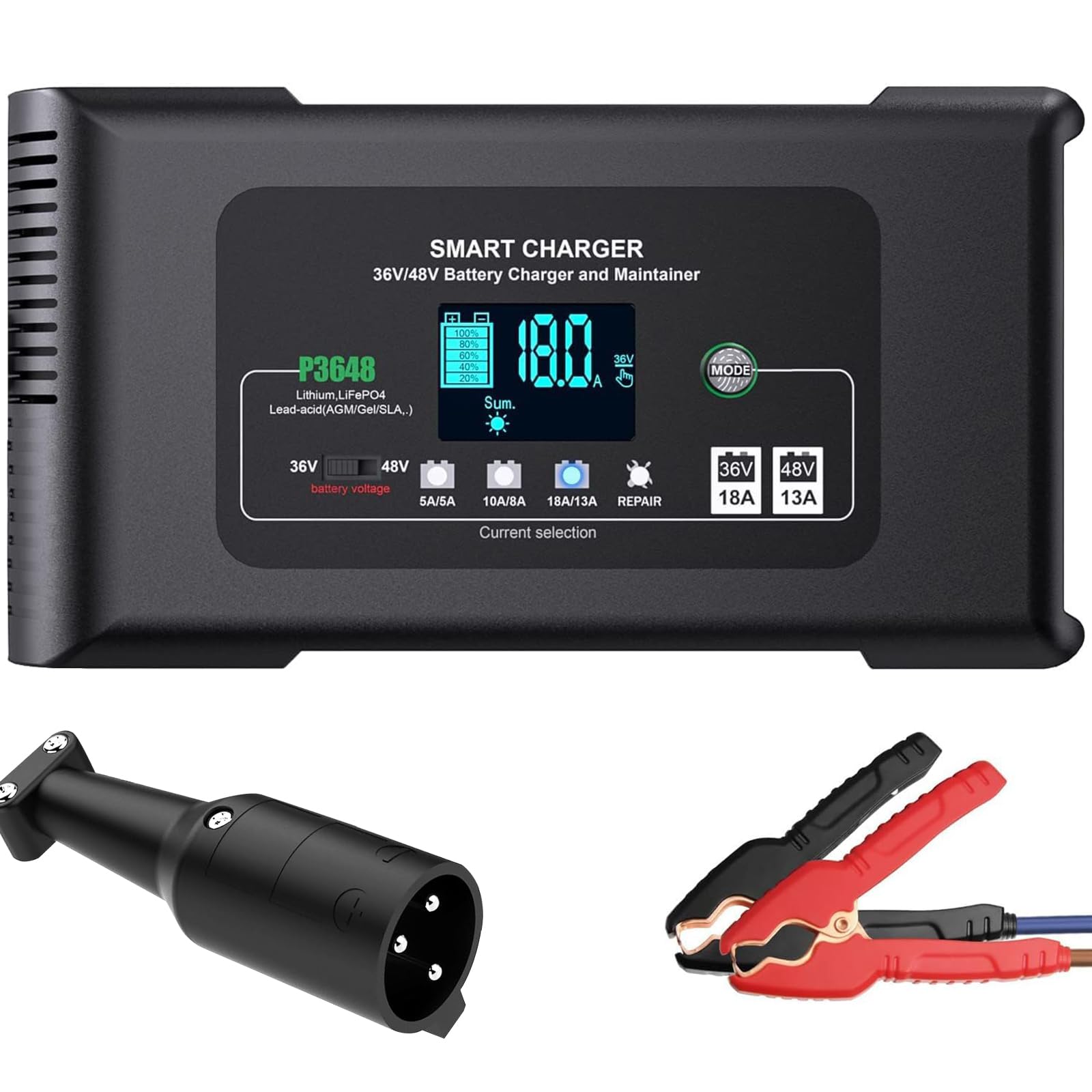 48 Volt Golf Cart Charger with Club Car 3-Pin Round Plug for 48V Lead Acid and Lithium Lifepo4 Battery