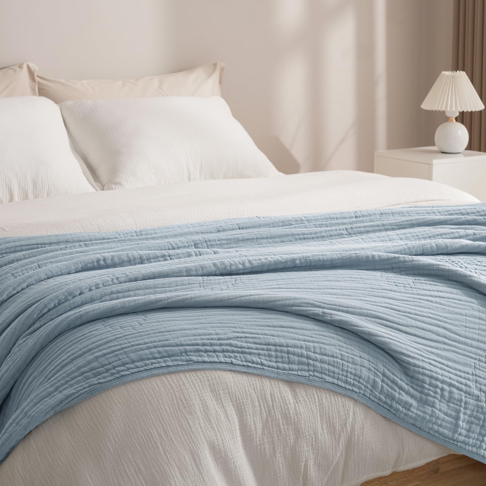 PHF Cooling Muslin Blanket King Size 104"x80", 6-Layer Lightweight Gauze Blanket Made from 35% Rayon Derived from Bamboo & 65% Cotton, Breathable & Ultra Soft Cozy for Hot Sleepers, Dusty Blue