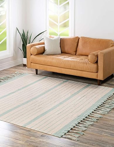 Miniatura 3 de Unique Loom Chindi Cotton Collection - Alfombra de área - Sophie (7 pies 1 pulgada cuadrada, color blanco y aguamarina)