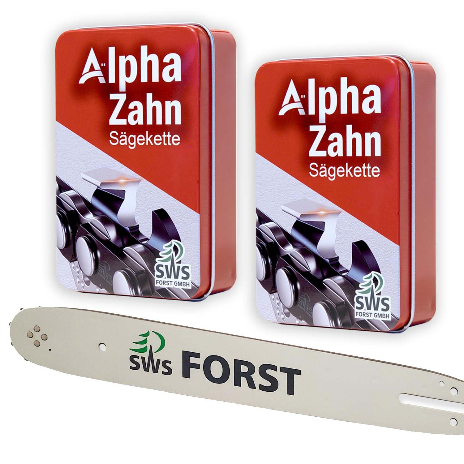 SWS Forst GmbH Schwert-Set – 30 Cm Schiene Mit 2 Alphazahn Sägeketten, 3/8 1,1 Mm 44 TG, In Metallbox, Kompatibel Mit Stihl MS192