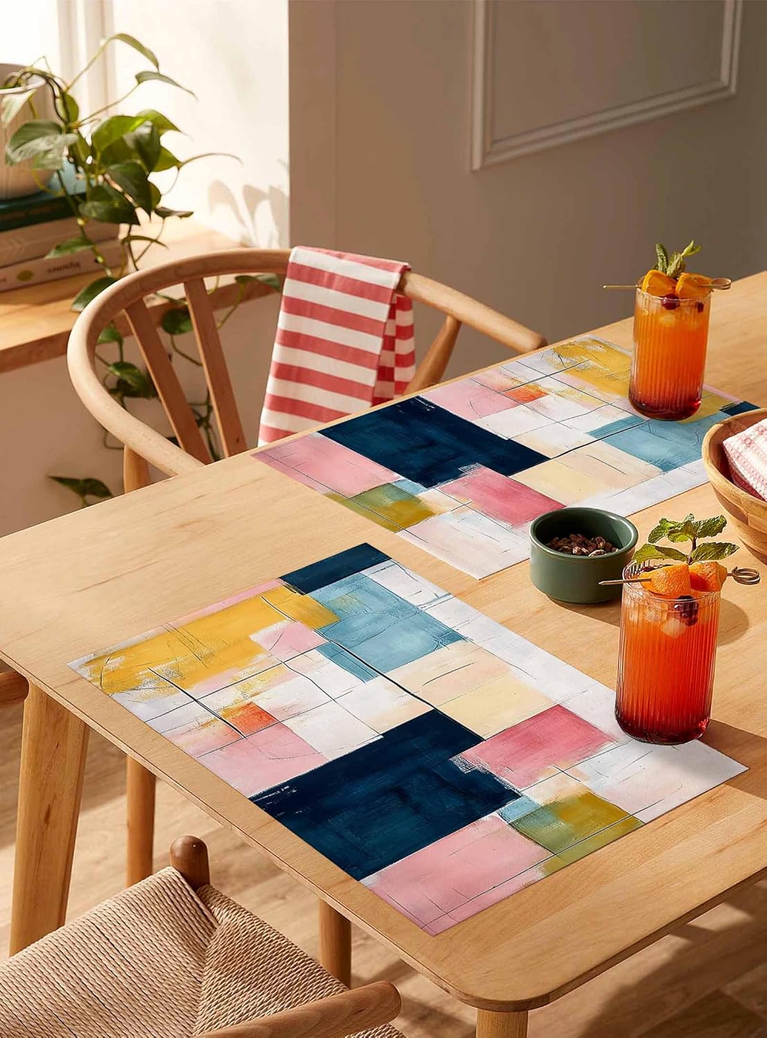 Abstract Art Placemats Set of 6 Modern Pink Blue Beige Geometric Oil Painting 13x19 Inch Washable Non Slip Linen Table Mats, Rustic Summer Placemats for Dining Table Party Kitchen Decor