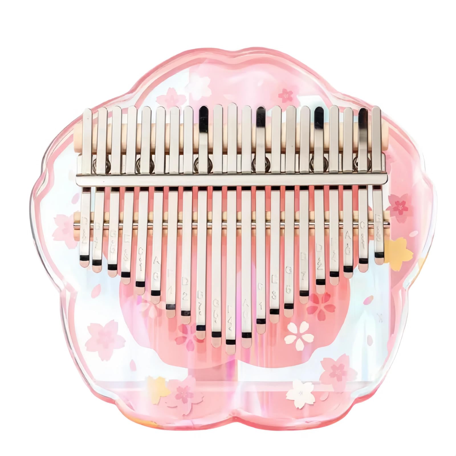 Kalimba Daumenklavier 21 Töne mit Schutzcase Komplett-Set, Sakura-Form Transparentes Kristall-Kalimba 17 Töne, Professionelles Musikinstrument für Anfänger (Rosa, L)