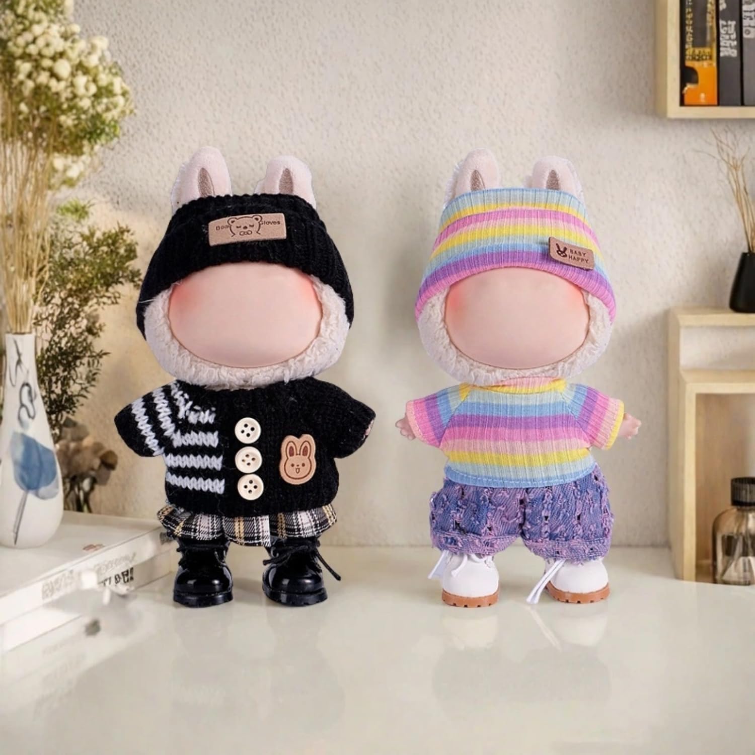 4pcs Handcrafted 15cm/17cm Doll Clothes Set (No Doll), Cute and Premium Outfits Accessories, Hand Crocheted Hat, Sweaters, Skirt, Bag (Rainbow) AK052