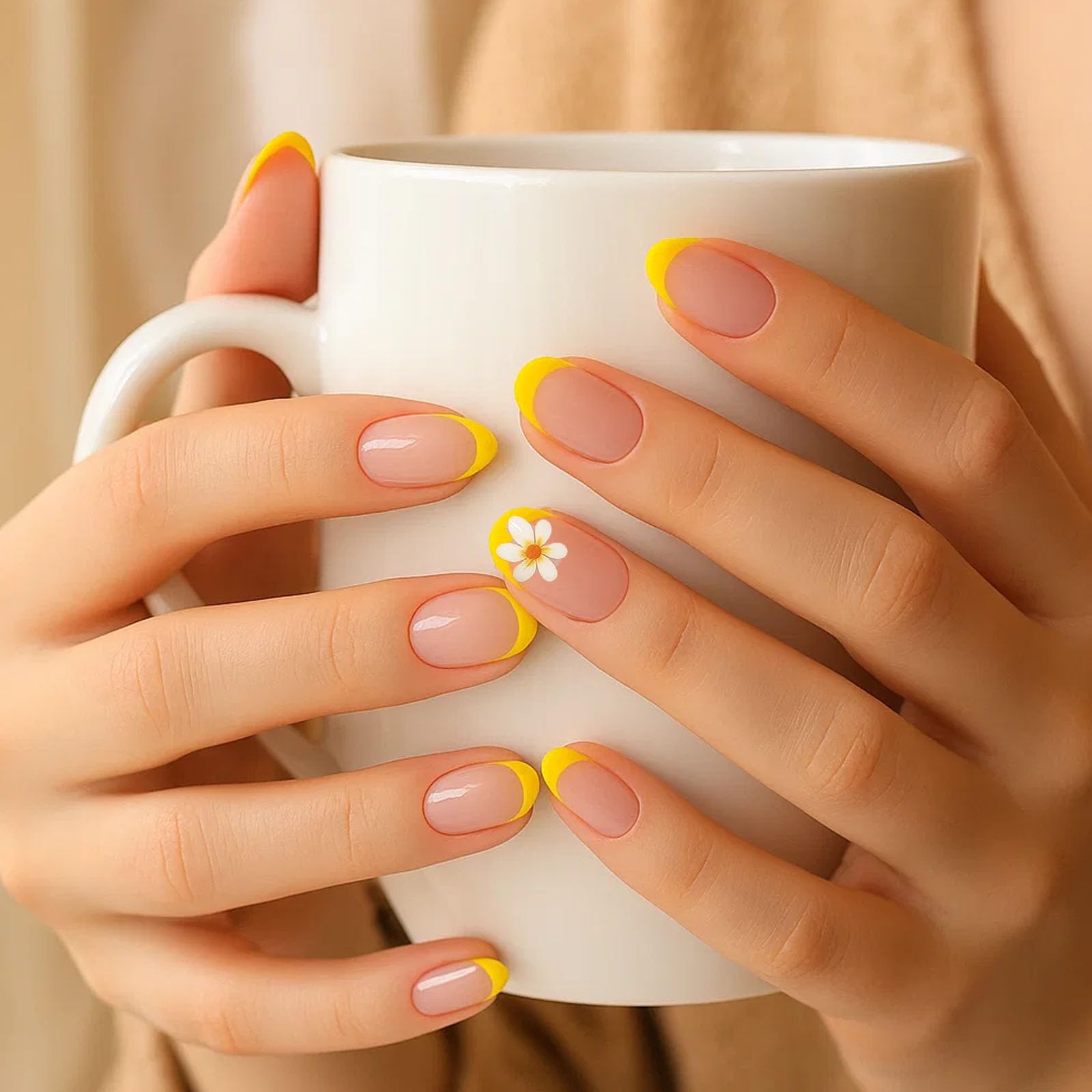 Short Almond Press-On Nails with Yellow French Tip & Daisy Accent - Image 3