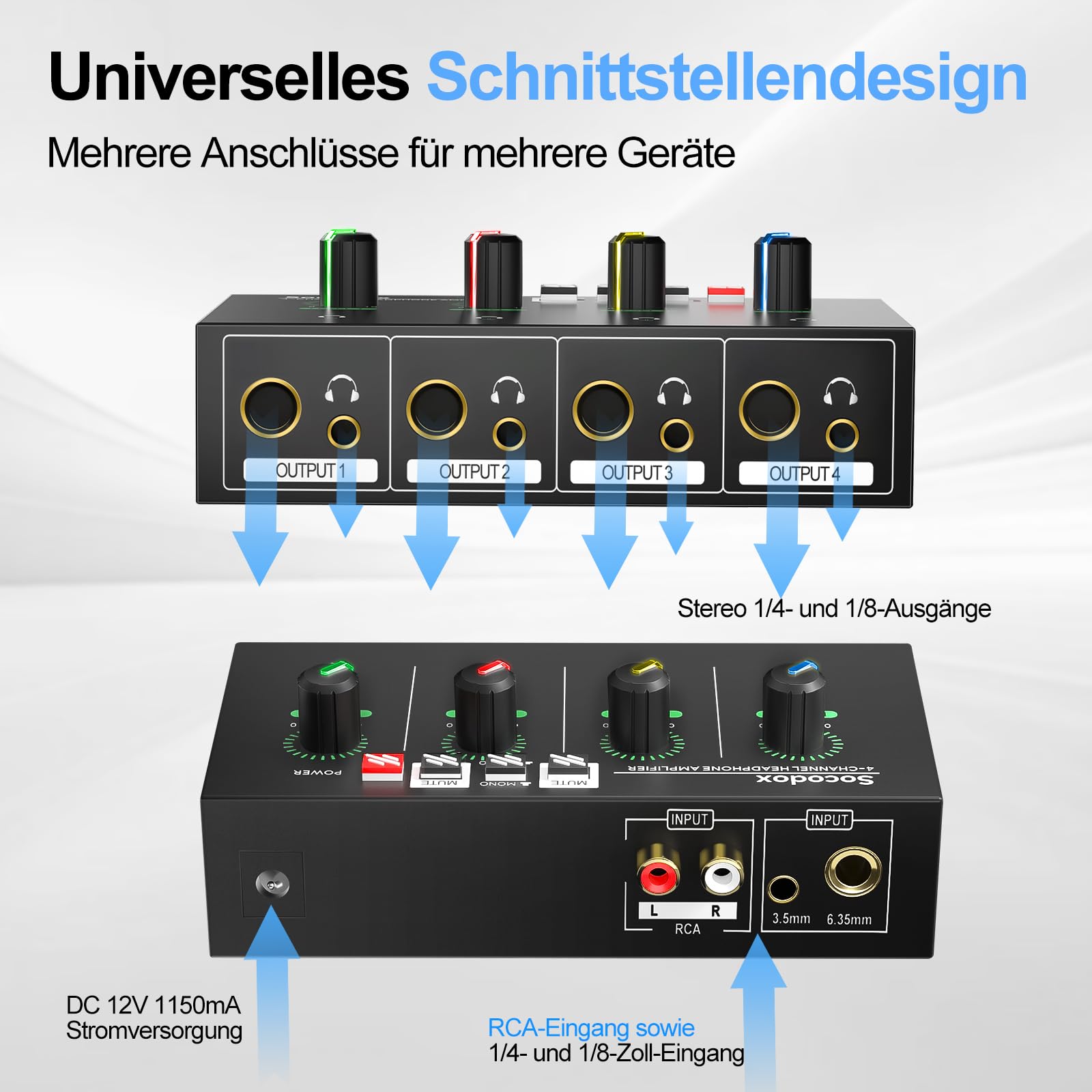 4-Kanal Kopfhörerverstärker, Kompakter Metall-Stereo-Kopfhörermischer mit 6,35 mm, 3,5 mm & RCA Eingängen, TRS Ausgängen, Stummschaltfunktion und coolem Licht, DC 12V - 14x7x3.1 cm