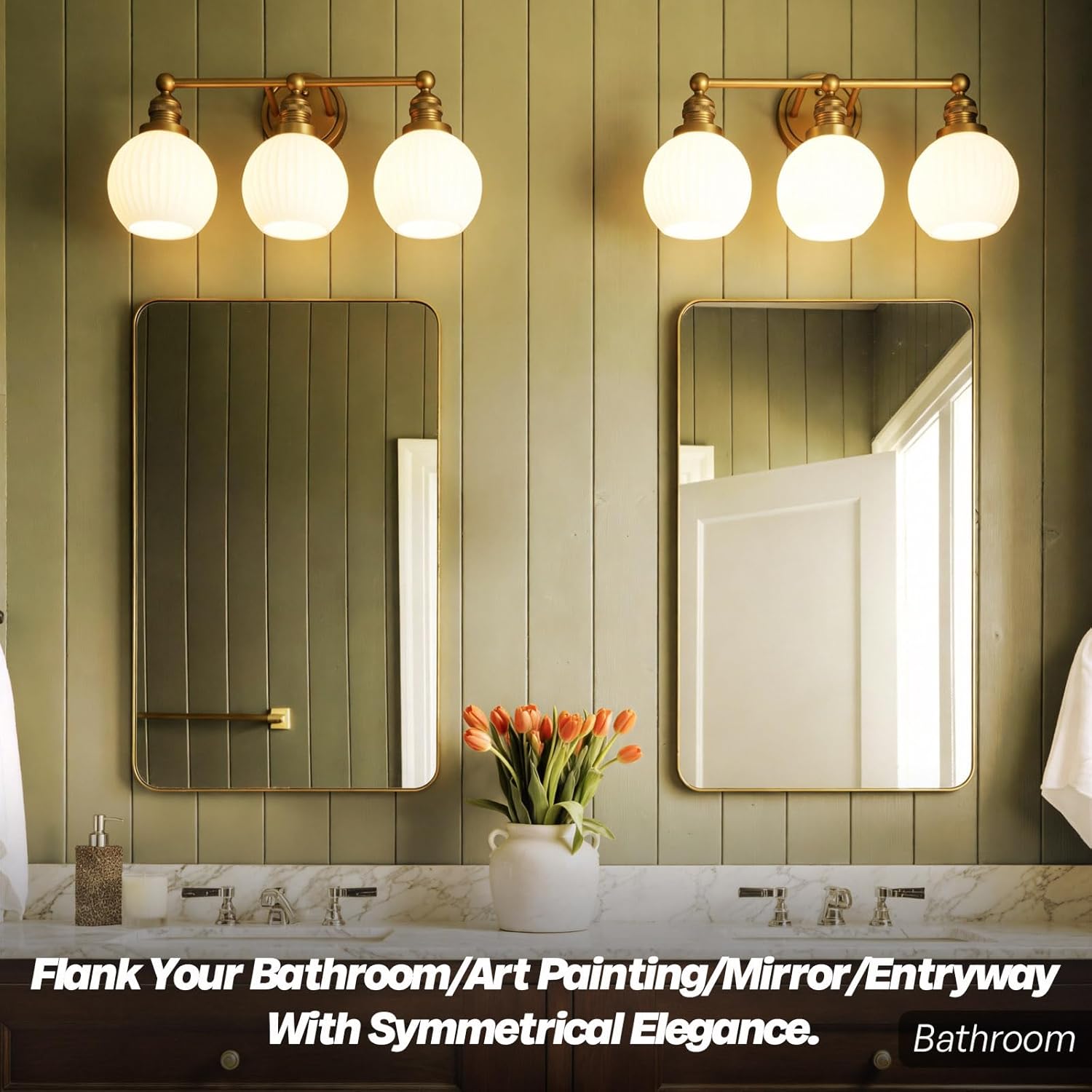 3-Lights Bathroom Light Fixtures, Vintage Milk White Glass Vanity Light, Hardwired Gold Wall Mounted Lamp for Bathroom Mirror to Elevate Decor & Refresh Older Home’s Look, E26