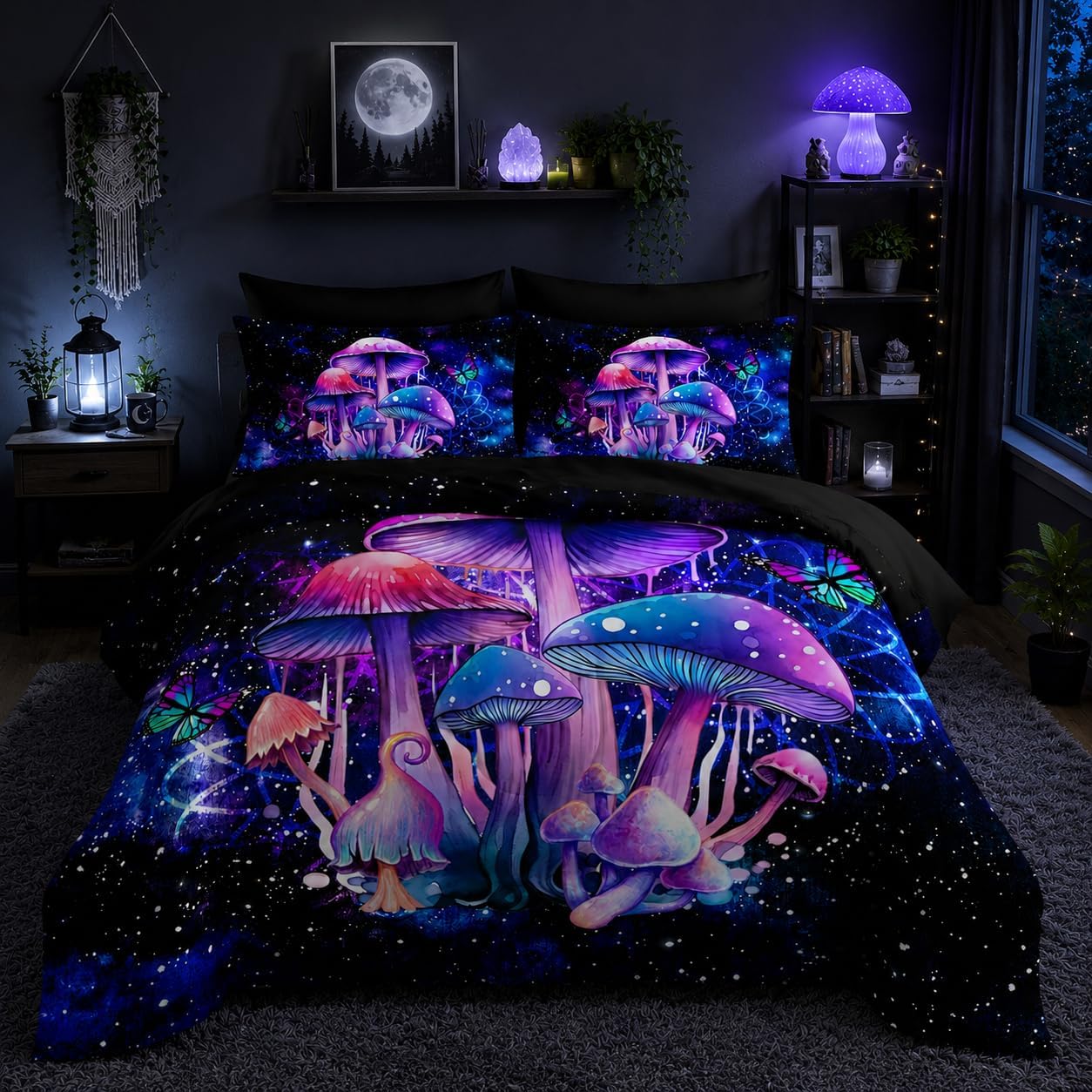 Nttopship Fantasy Mushrooms Comforter Set Queen,Galaxy Fantasy 7 Pieces Bedding Set for Teens Kids,Light Mushroom Bedding Set 7 Piece in A Bag，Mushroom Bed Comforters Bedding Sets for All Season