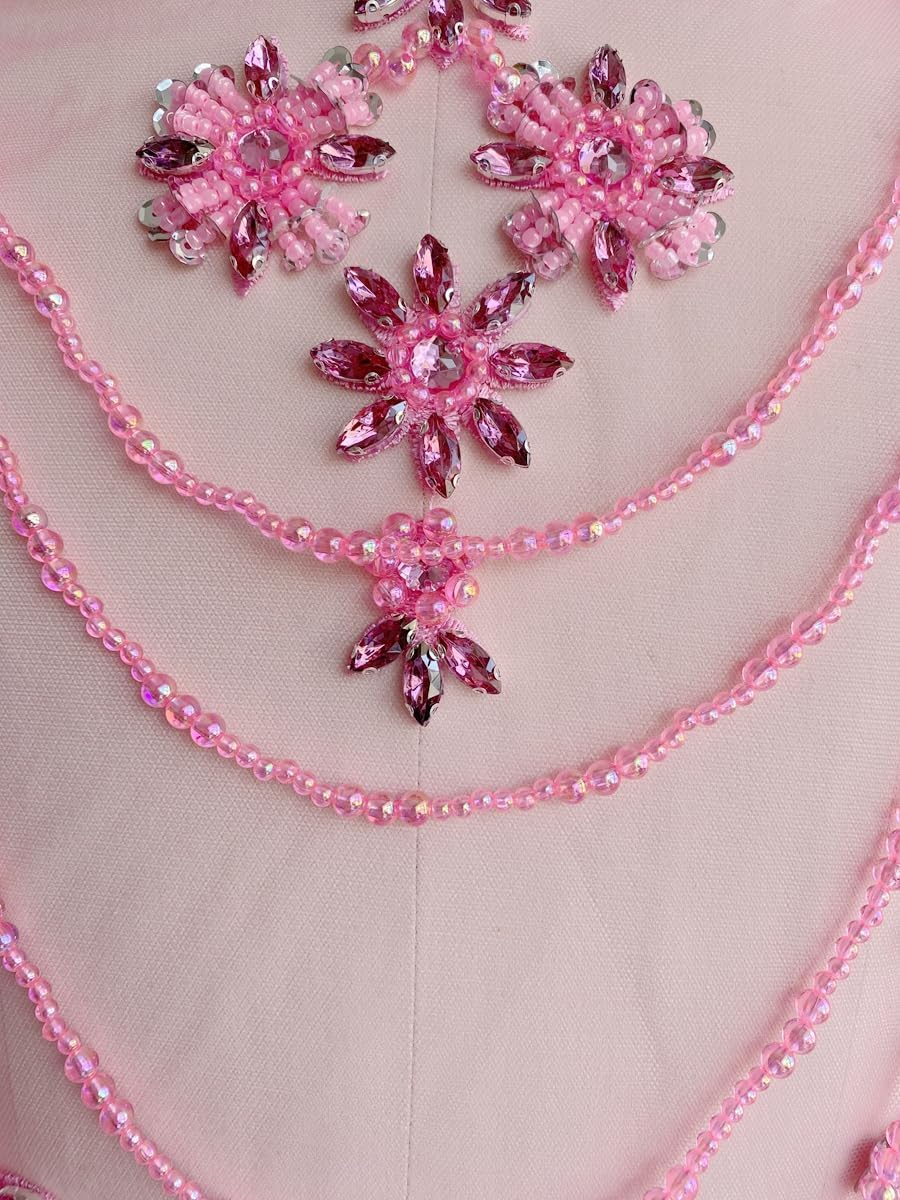 Handmade Rhinestone lace Applique Sewing Shining Beads Stones Trim Crystal Fringe Patches for Dress Clothes Back Accessories 10X21in (Pink)
